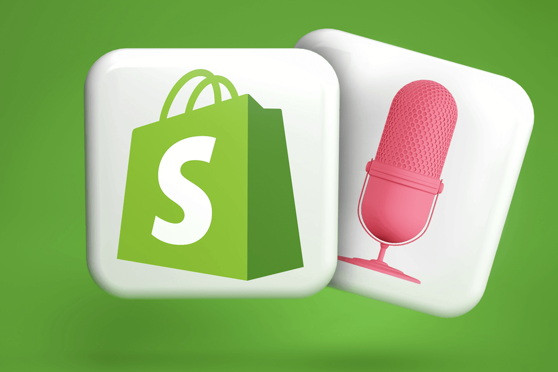Image of two large white tiles, one with a large Shopify logo and one with a pink podcasting microphone, on a dark green background. Best Shopify podcasts blog post.