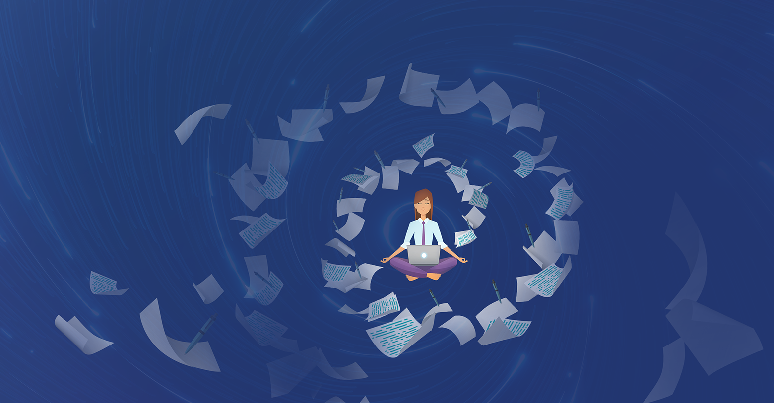 An iilustration of a businessman using his laptop while papers swirl around him