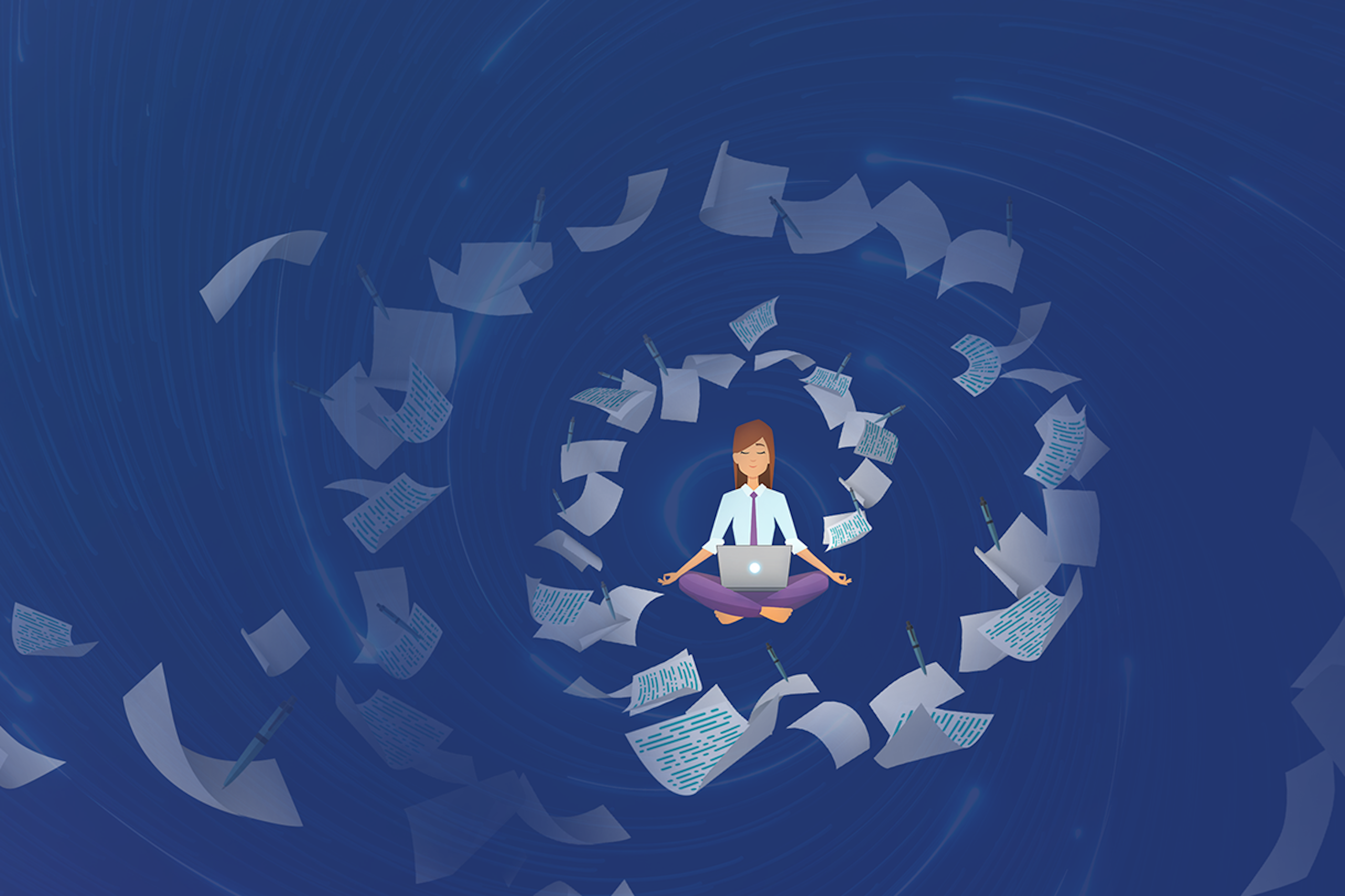 An iilustration of a businessman using his laptop while papers swirl around him