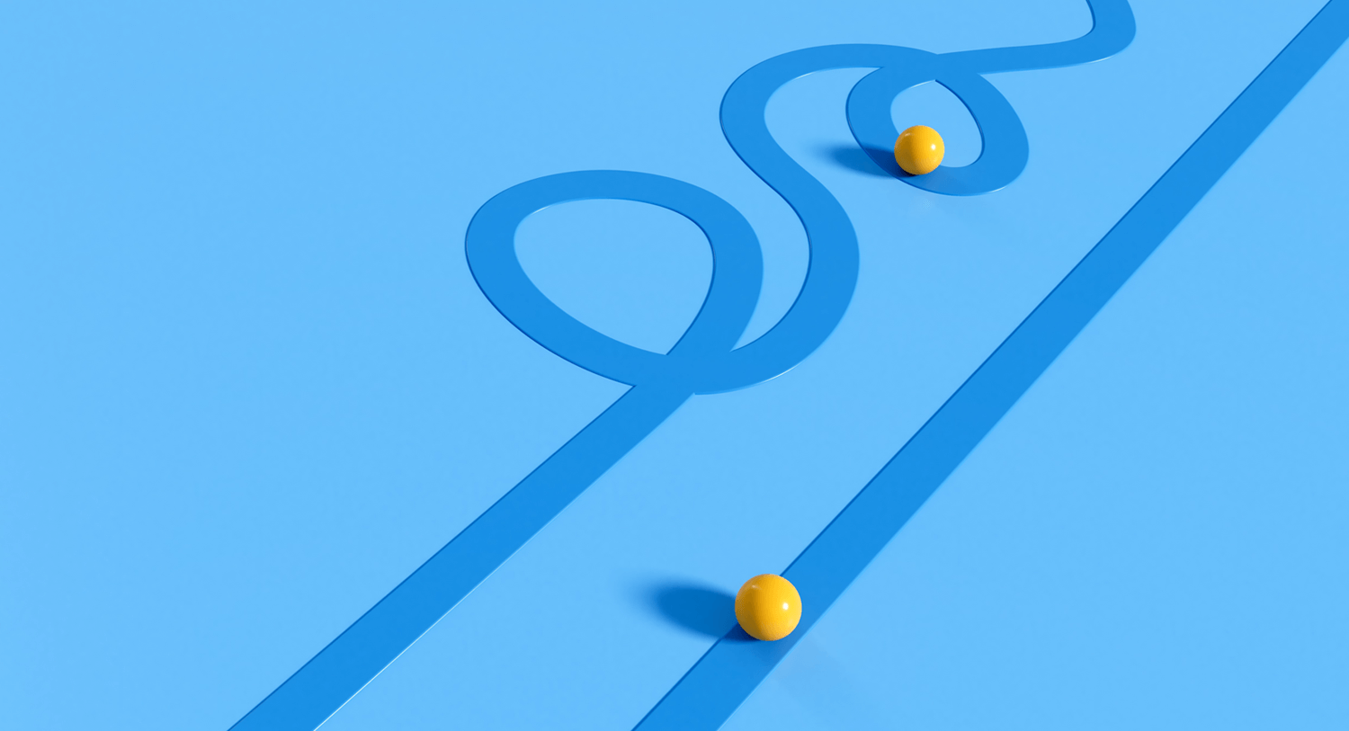 An image showing two dark blue lines on a lighter blue background. One line is straight and the other is loopy, crossing over itself. On each line there is a three dimensional bright yellow dot, signifying their place in a journey. This image is a header on a blog post about designing a customer journey and maximizing success.