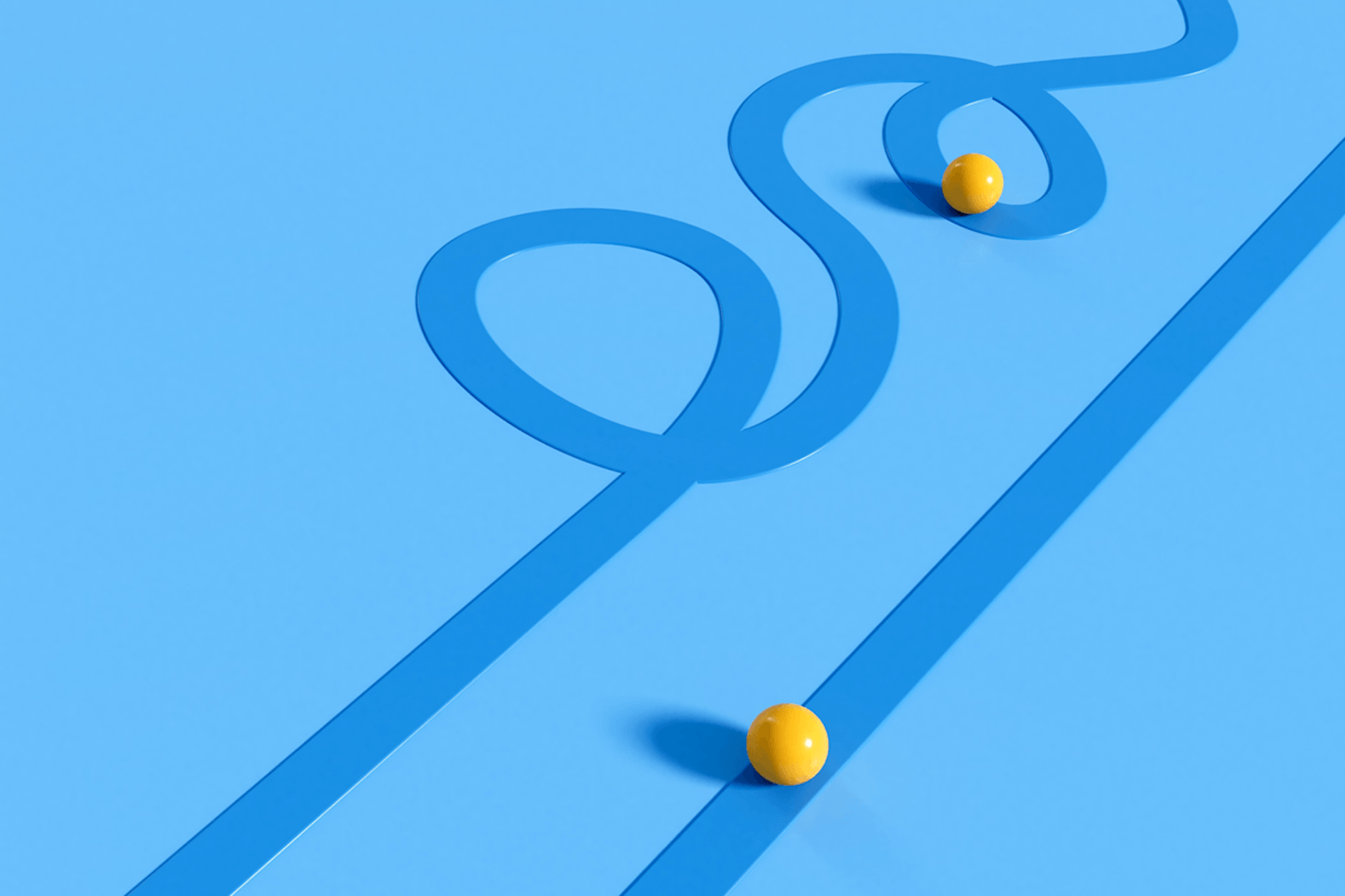 An image showing two dark blue lines on a lighter blue background. One line is straight and the other is loopy, crossing over itself. On each line there is a three dimensional bright yellow dot, signifying their place in a journey. This image is a header on a blog post about designing a customer journey and maximizing success.