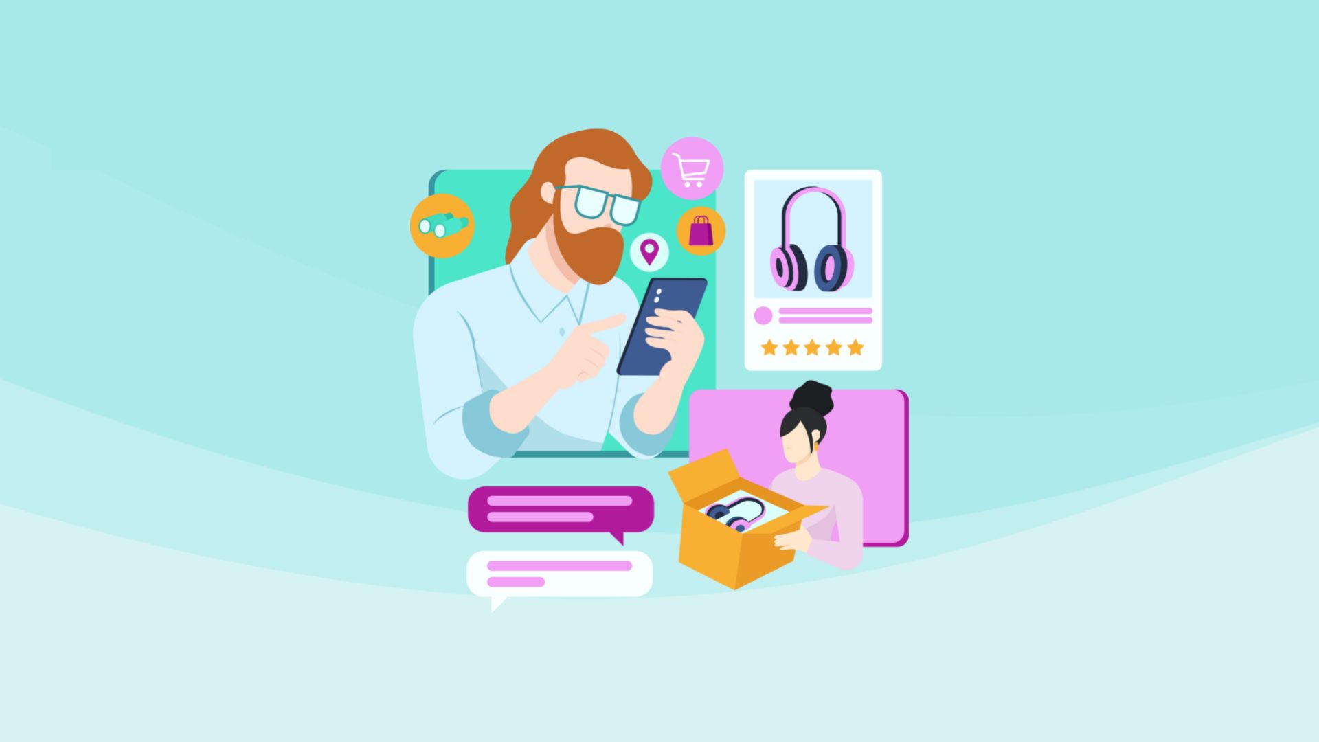 A man with spectacle using his phone while a woman opening her received package