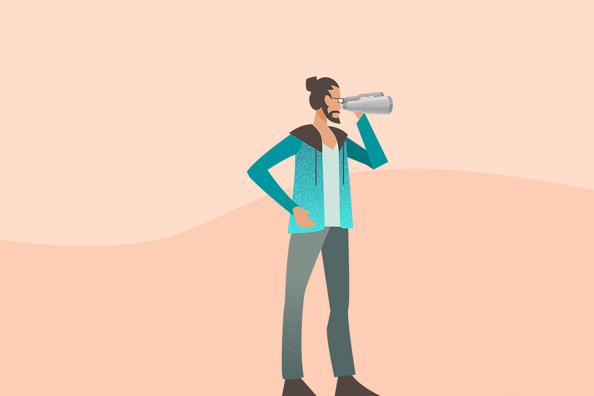 An illustration of a man looking through a set of binoculars. The PR professional is searching for an alternative media monitoring tool to Cision. 