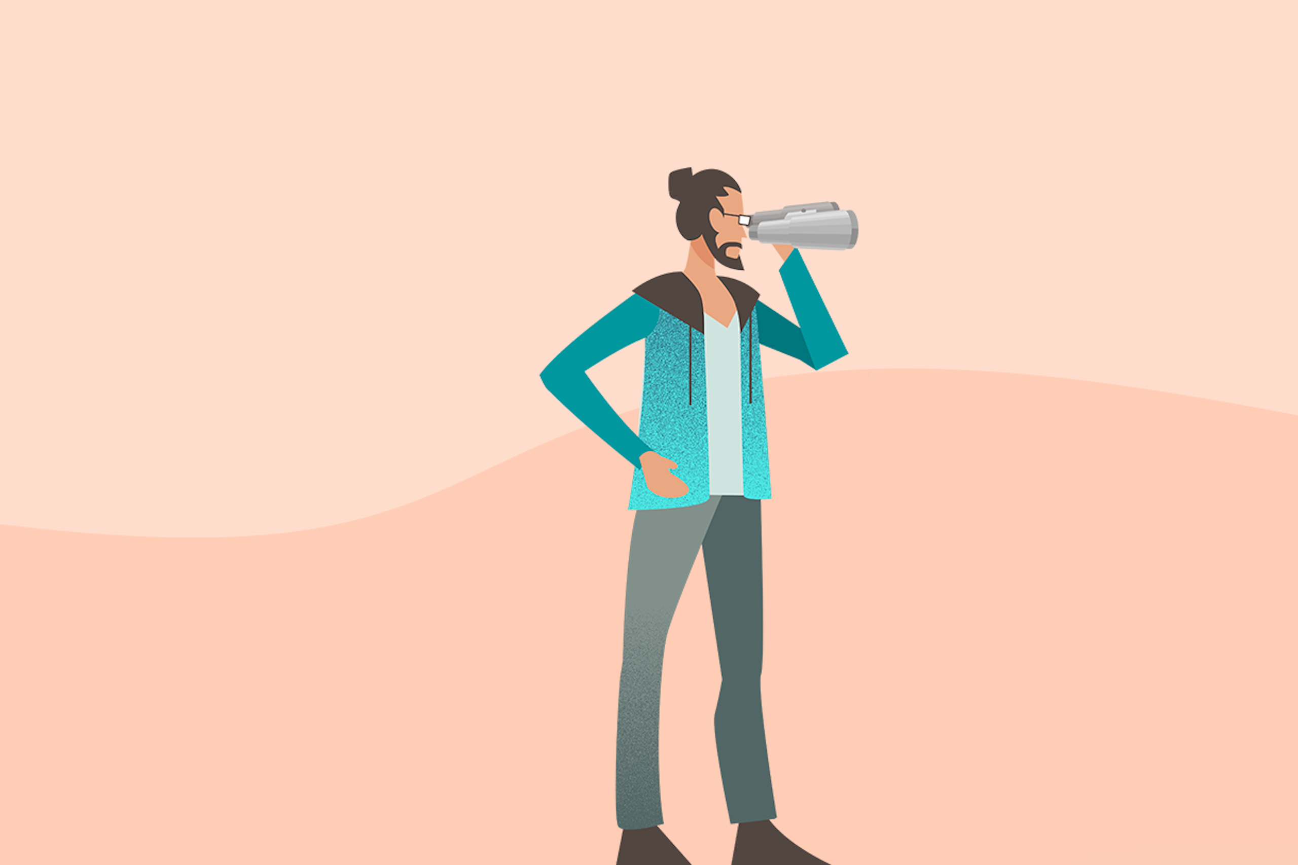 An illustration of a man looking through a set of binoculars. The PR professional is searching for an alternative media monitoring tool to Cision.