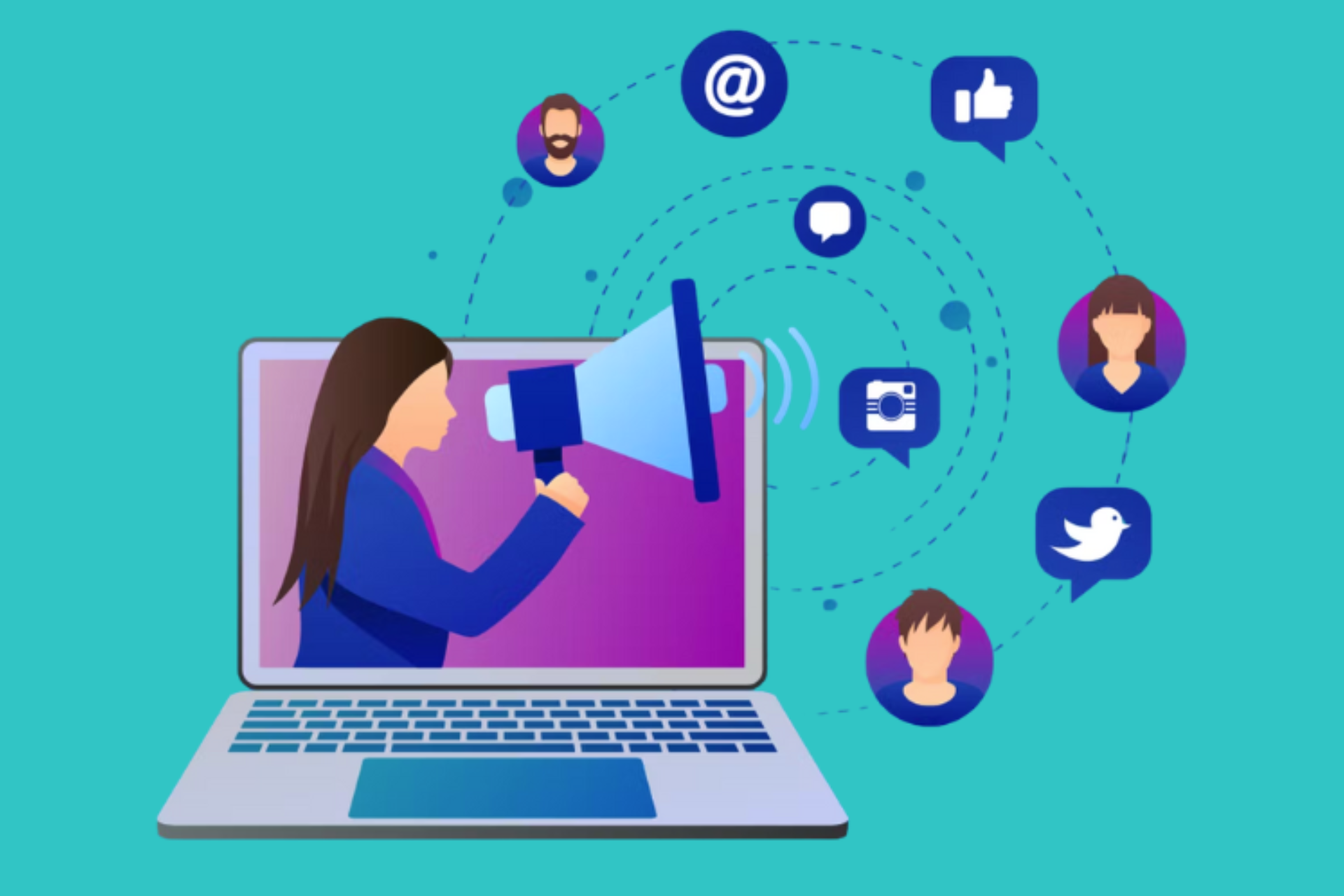 Das Bild besteht aus Icons und grafischen Zeichnungen. In der Mitte ist ein Laptop, aus dem eine Frau mit einem Megafon spricht, und drum herum sind viele verschiedene Icons wie ein E-Mail-Zeichen, ein Like-Daumen und ein Messenger Icon. Außerdem sind verschiedene Personen in Icons drumherum abgebildet. Dadurch soll eine B2B Corporate Influencerin dargestellt werden, die über das Internet verschiedene Personen beeinflusst.