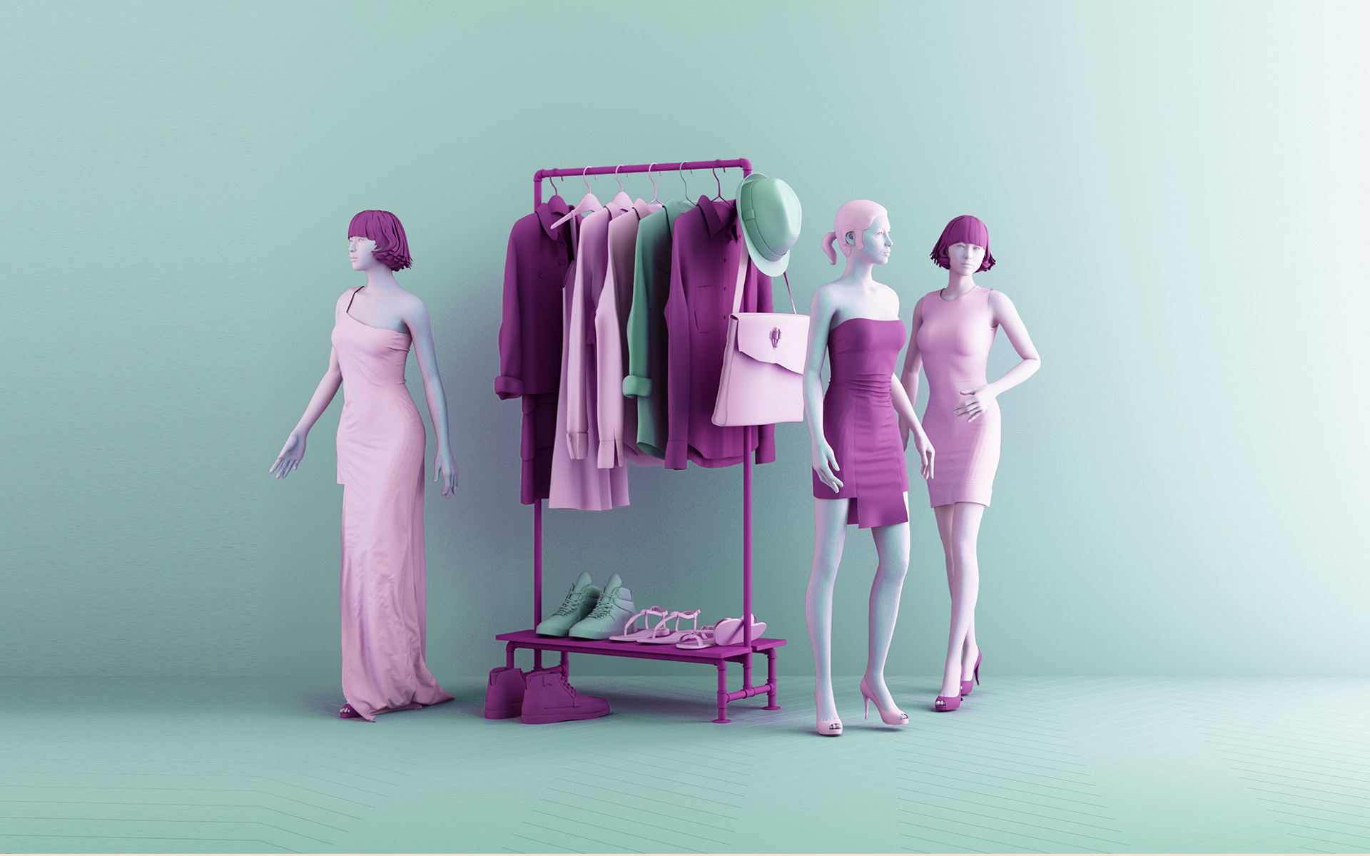 Women in purple dresses stand around a clothing rack in this image for a consumer intelligence blog about Paris Fashion Week 2024.