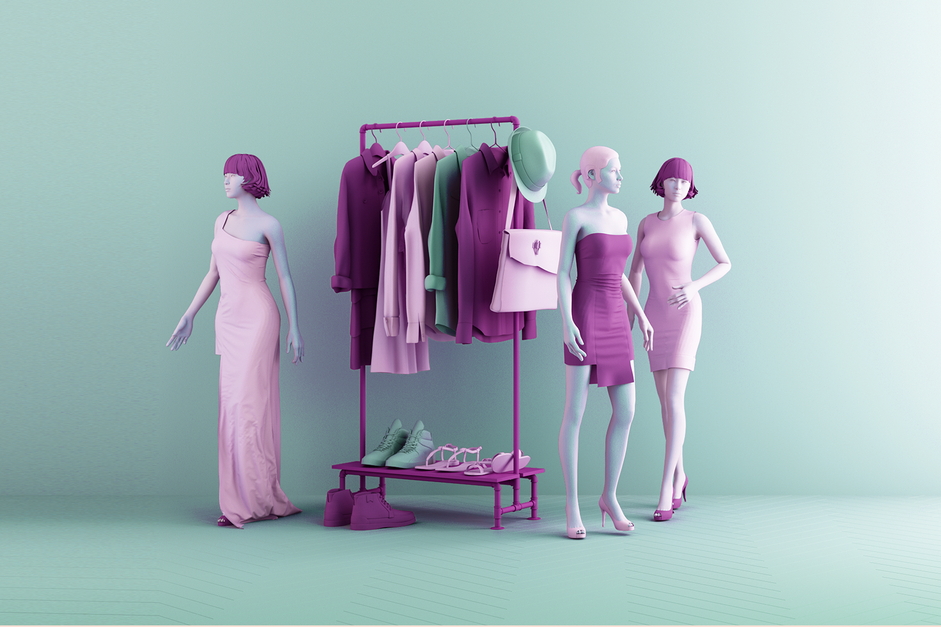 Des femmes vêtues de robes violettes se tiennent autour d'un présentoir à vêtements dans cette image destinée à un blog d'intelligence économique sur la semaine de la mode à Paris en 2024.