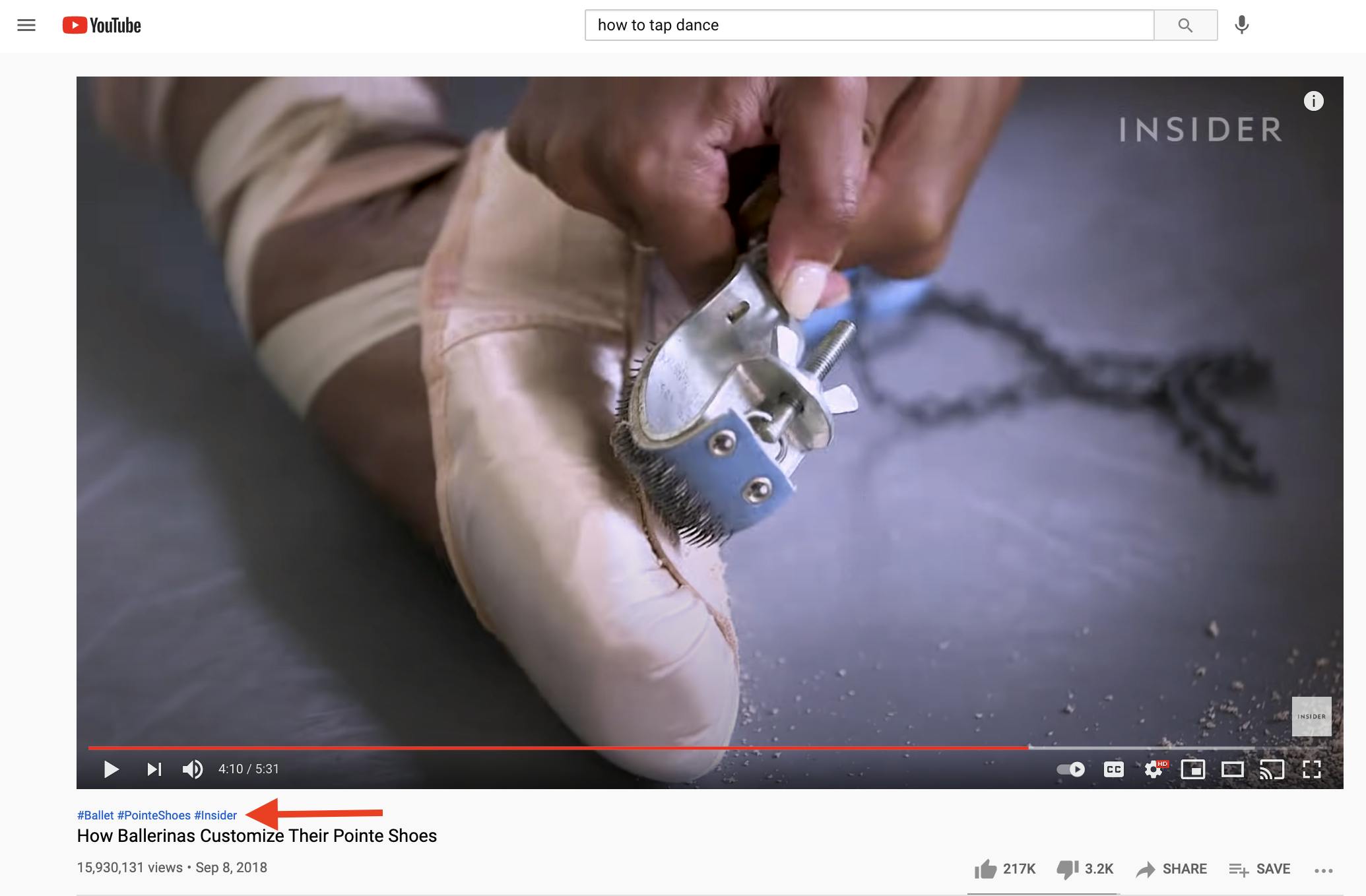 Video three quarters of the way through showing a ballerina customizing pointe shoes. Video is tagged with hashtags to help show up in YouTube search results.