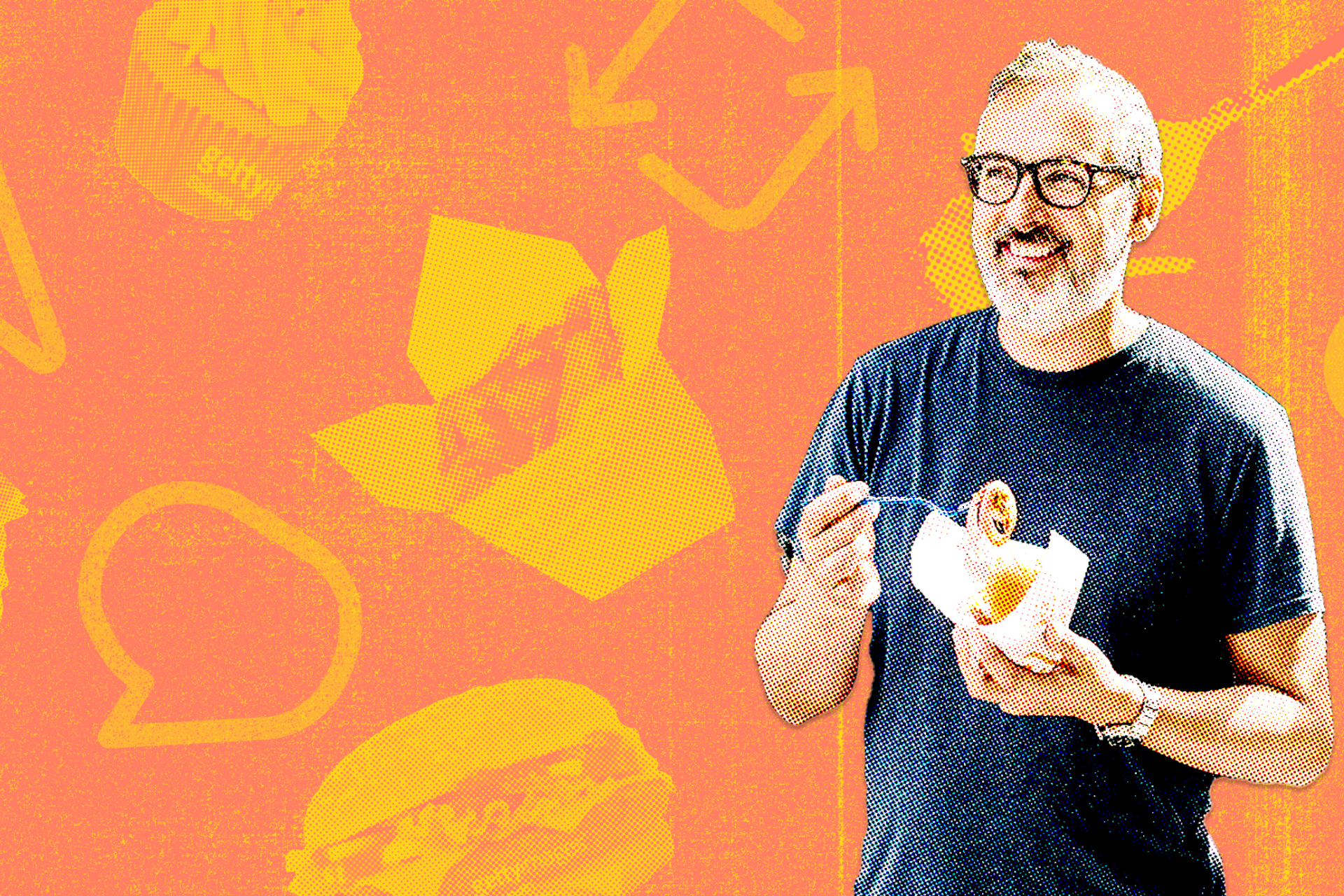 A man eating take out from a paper cone against a bright orange background.