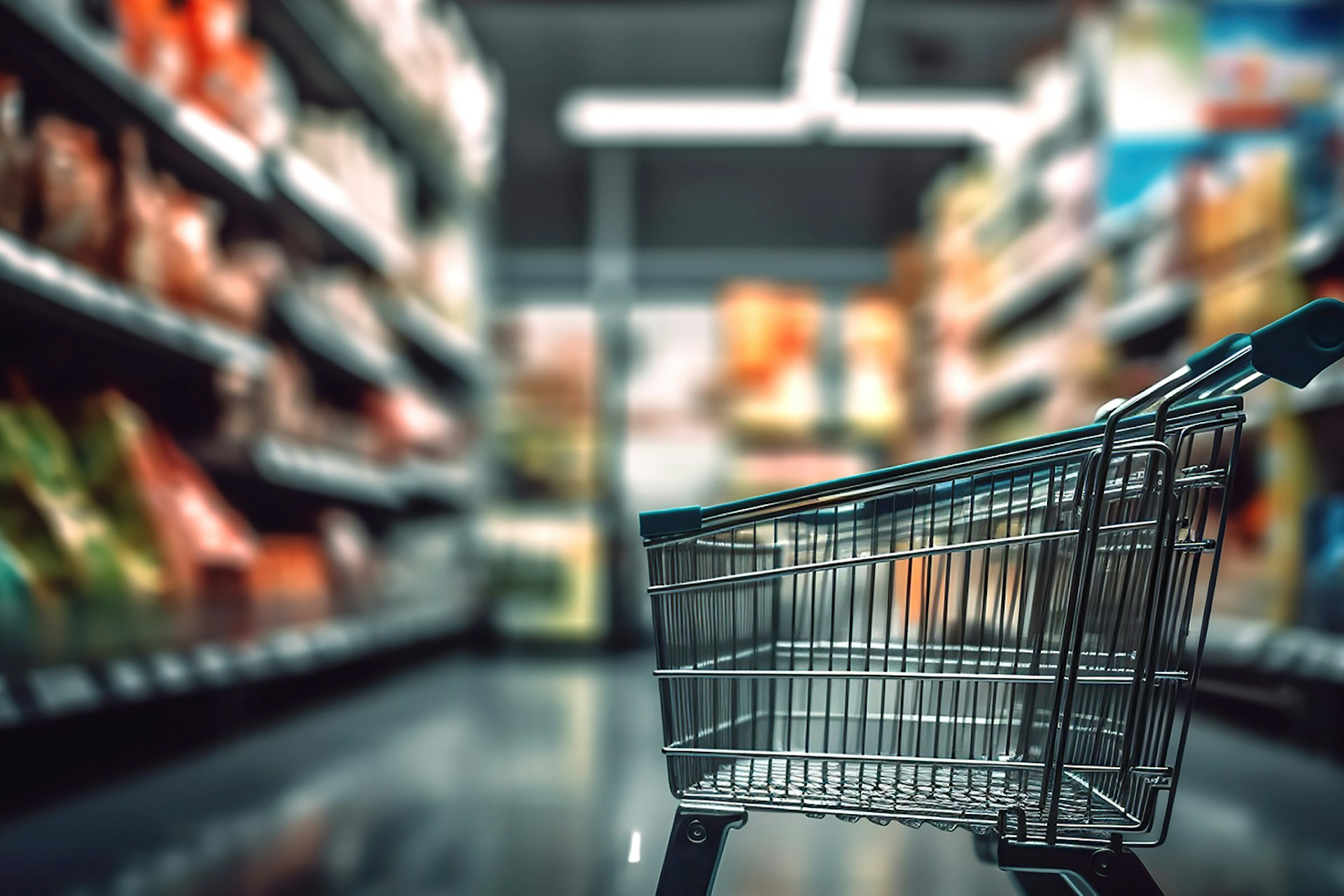 An empty shopping cart in a grocery store aisle for Meltwater's 2023 Industry Snapshot: Fast-Moving Consumer Goods