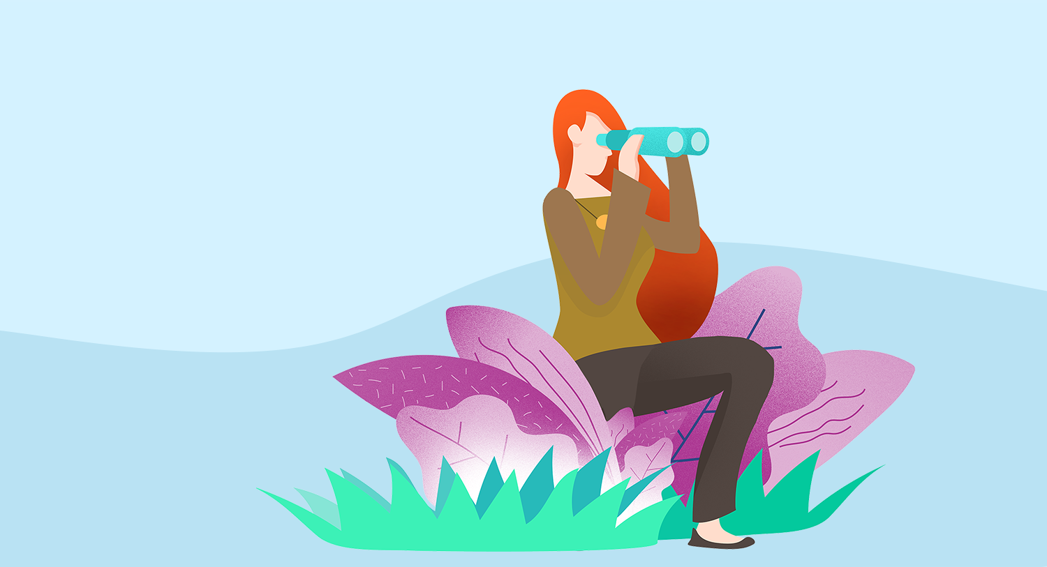 A woman with long red hair looks through a pair of binoculars in this image for a blog about alternatives to social monitoring software Mention.
