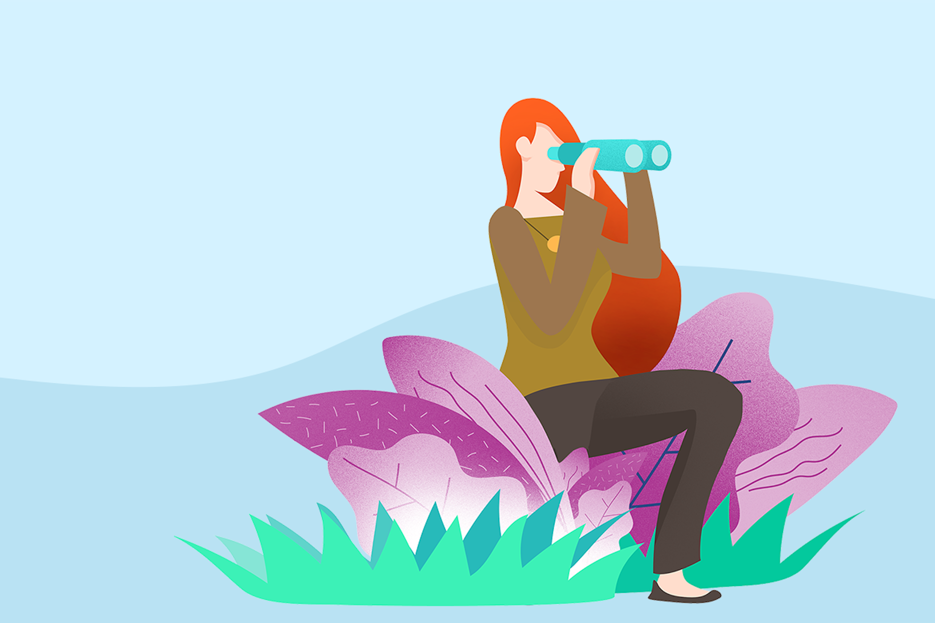 A woman with long red hair looks through a pair of binoculars in this image for a blog about alternatives to social monitoring software Mention.