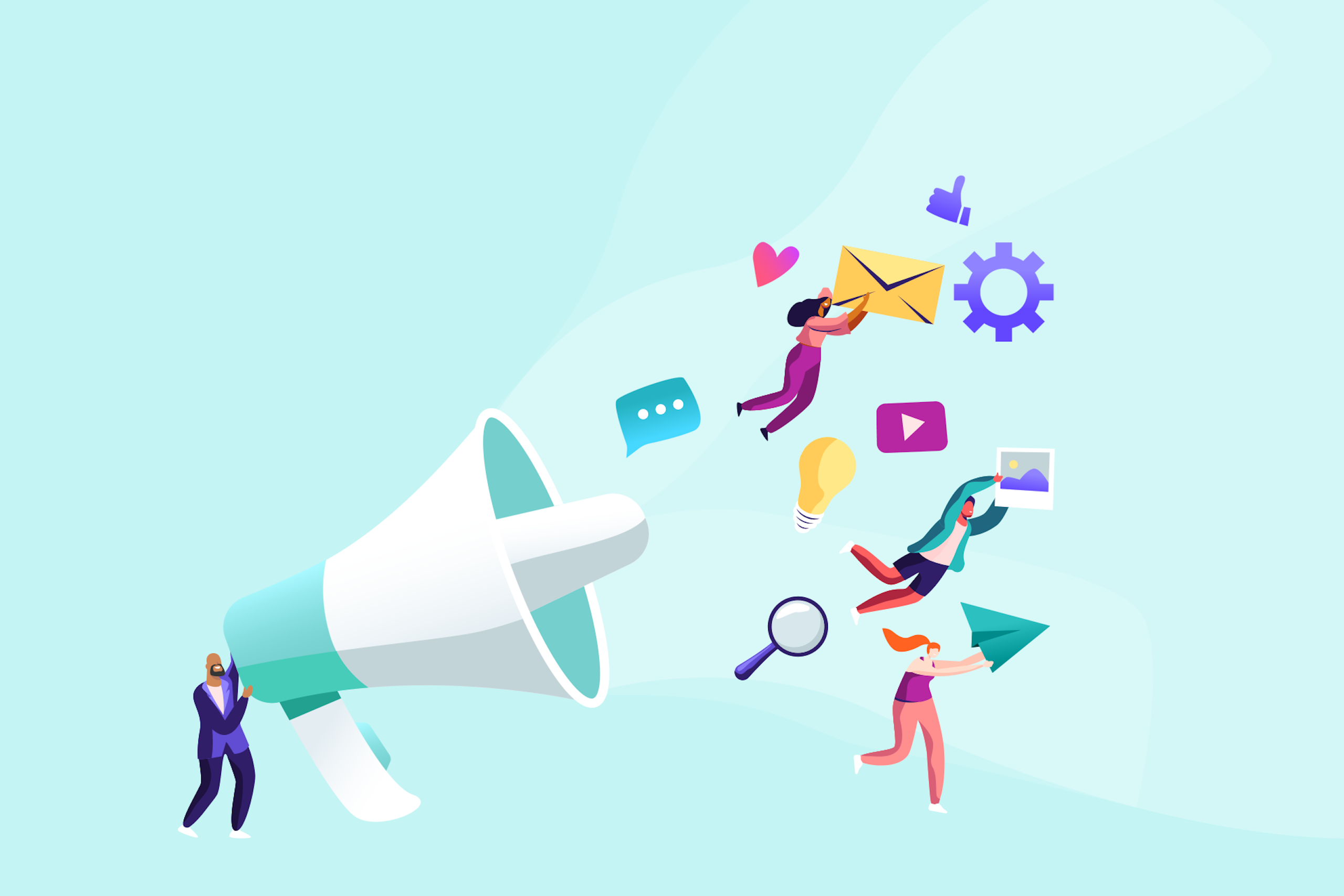 Illustration showing a PR professional talking into a comically large megaphone. Out of the megaphone are symbols illustrating public relations like a light bulb, envelope, magnifying glass, and social media icons.
