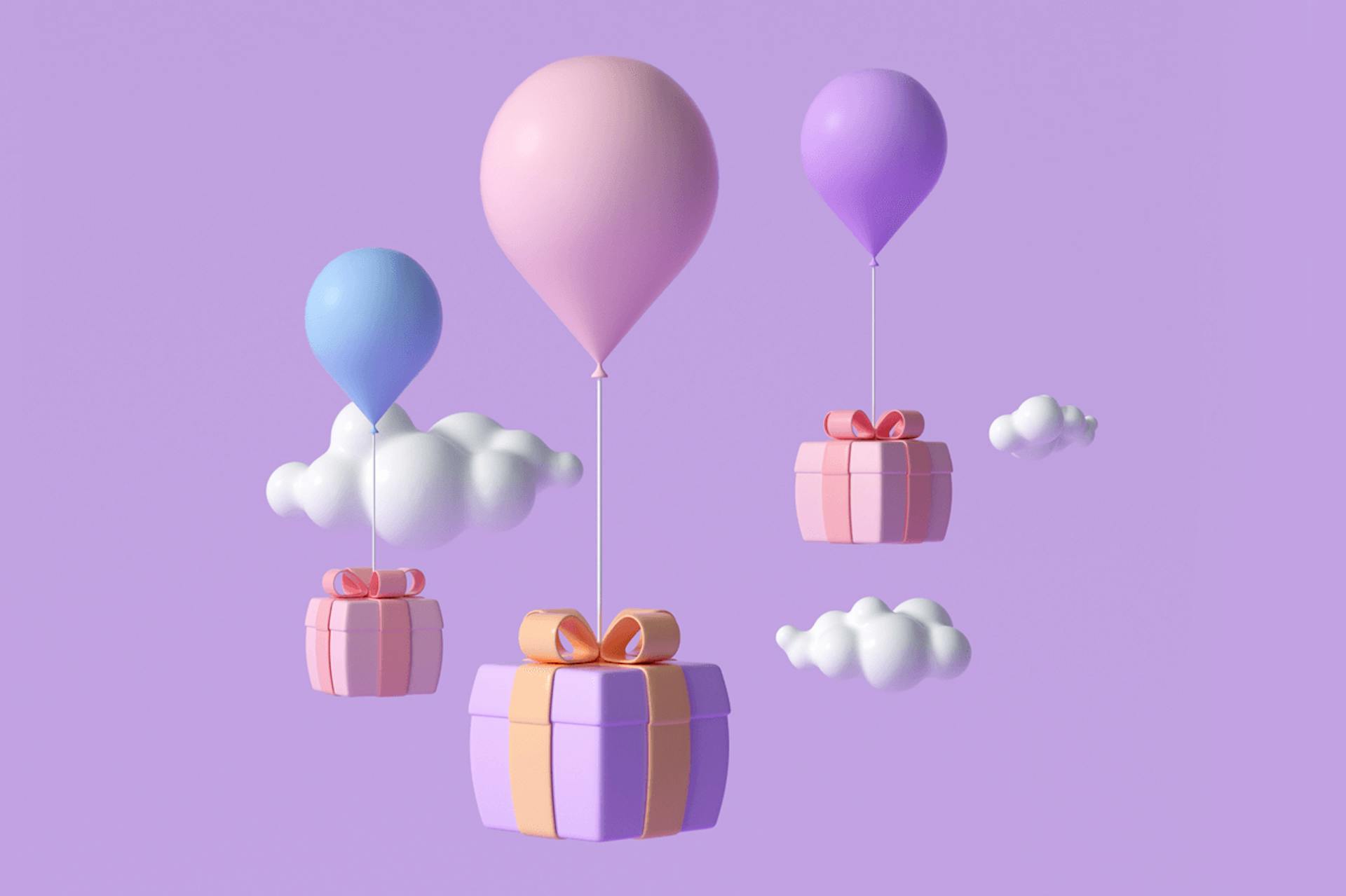 Illustration showing three different sized wrapped packages being held up by multi-colored balloons, surrounded by clouds, on a purple background. Influencer gifting blog post and guide.