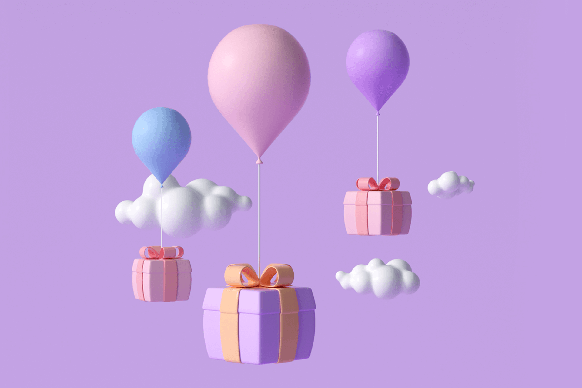 Illustration showing three different sized wrapped packages being held up by multi-colored balloons, surrounded by clouds, on a purple background. Influencer gifting blog post and guide.