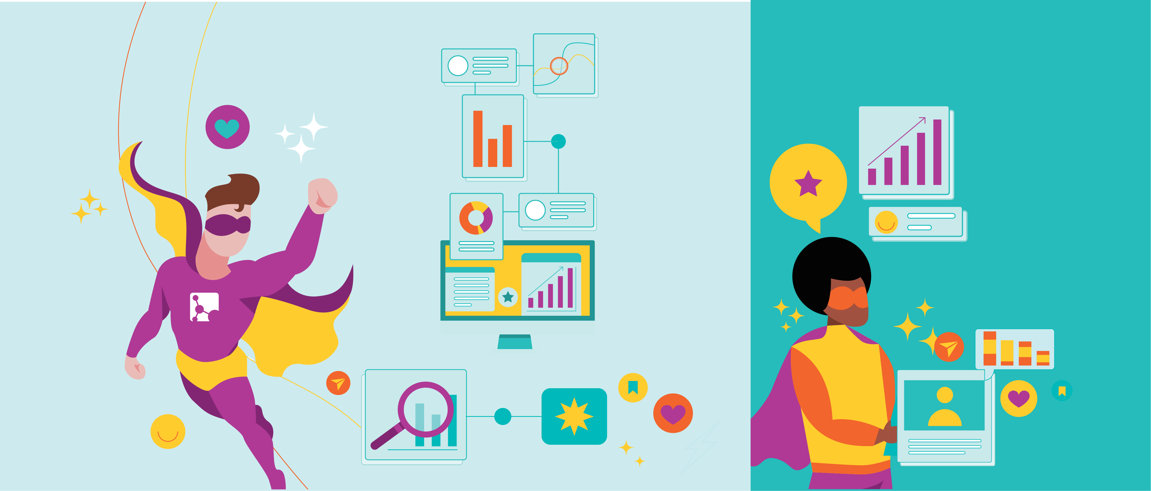 スーパーマンがダッシュボードを背景に飛んでいるイラスト