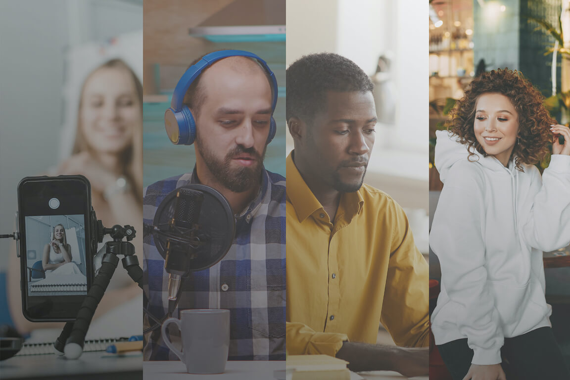 Man sieht einen Zusammenschnitt von vier verschiedenen Personen nebeneinander. Eine Influencerin, einen Podcaster, einen Marketer und eine junge Frau. Das ist das Cover für unser E-Book "Der ultimative Leitfaden zu Owned, Earned, Paid & Shared Media"