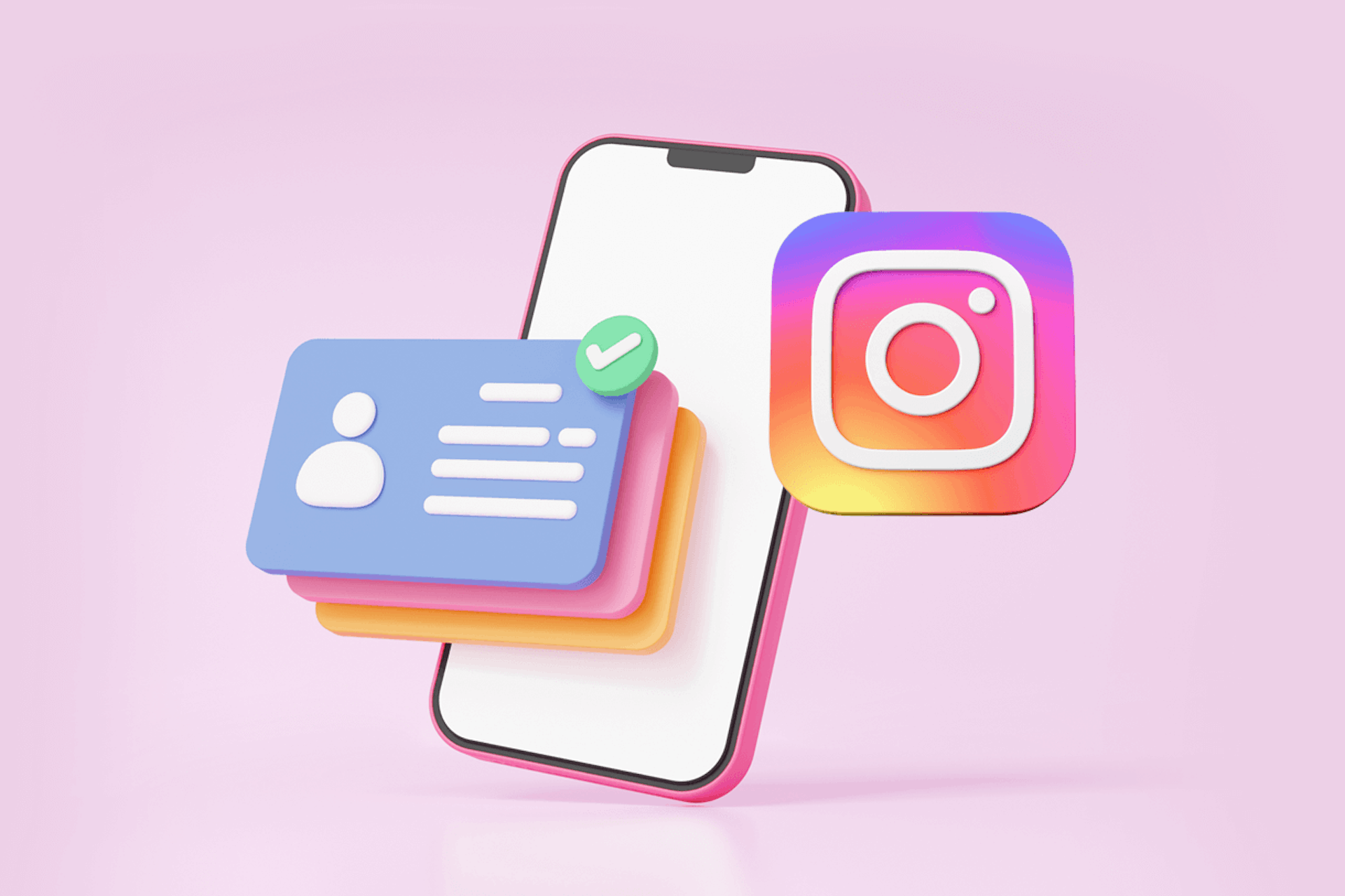 3D illustration of a smartphone, an Instagram icon, and influencer profiles for our blog on how to perform an Instagram influencer audit