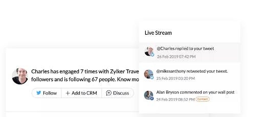 Zoho's live stream shows users real-time engagements on their posts