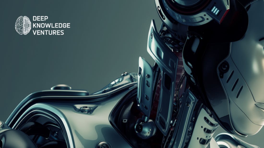 A graphic showcasing Deep Knowledge Ventures' logo with a robot graphic