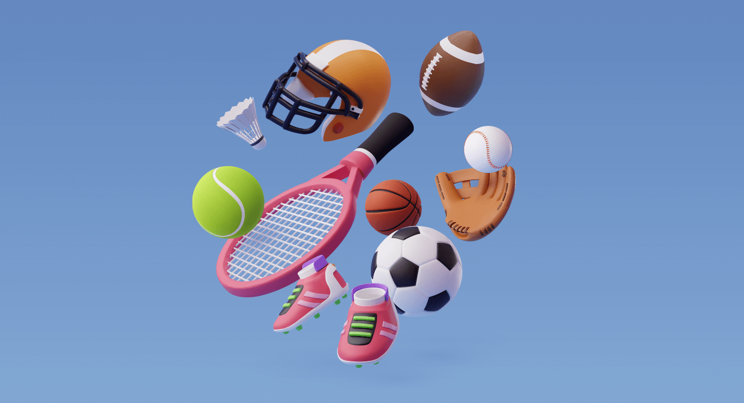 Image of various sports equipment floating in the air including a tennis racket, soccer ball, tennis ball, baseball, basketball, baseball glove, cleats, football, and football helmet. Top Sport und Fitness Influencer in Deutschland.