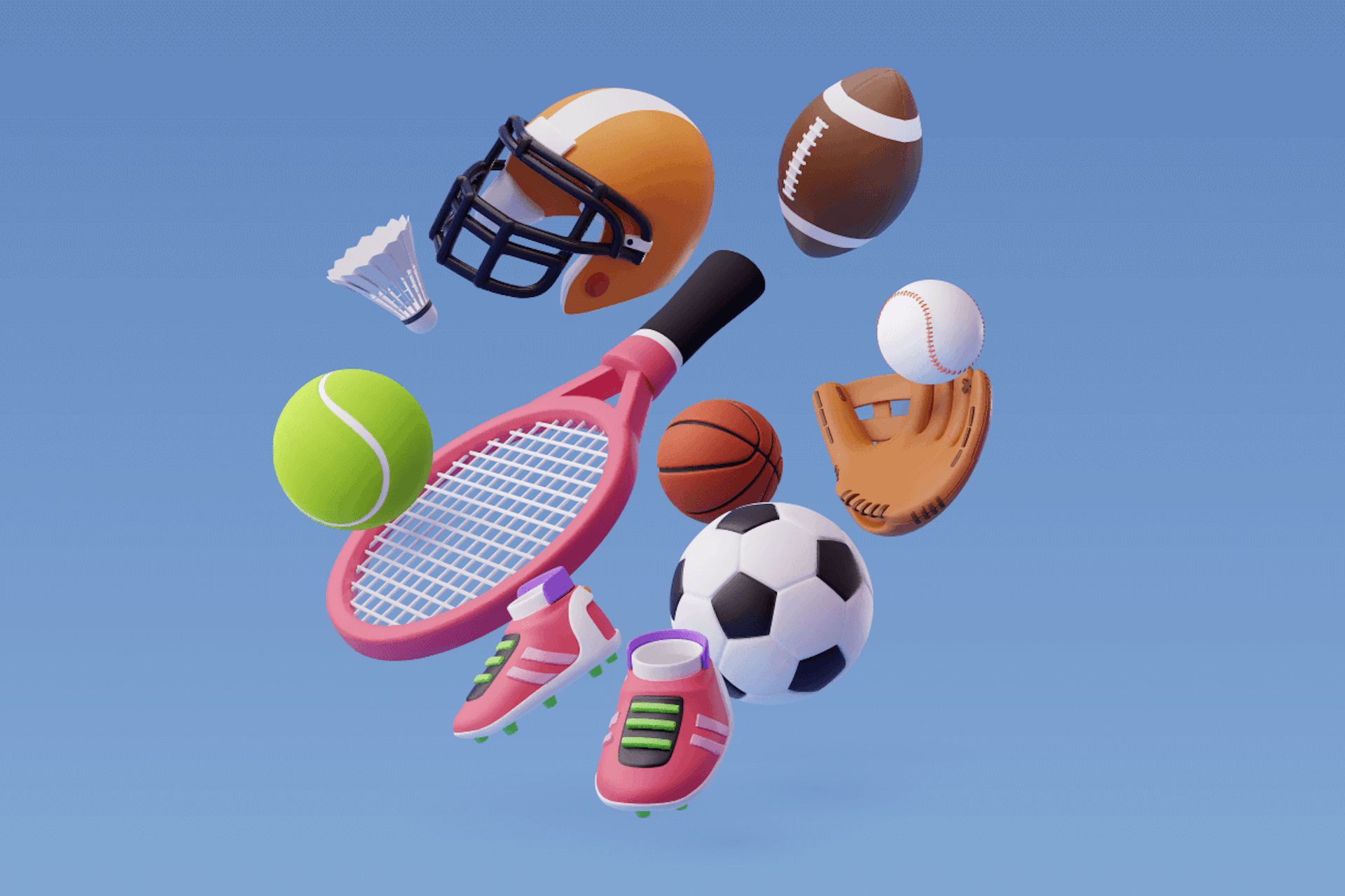 Image of various sports equipment floating in the air including a tennis racket, soccer ball, tennis ball, baseball, basketball, baseball glove, cleats, football, and football helmet. Top Sports and Fitness influencers blog post.  