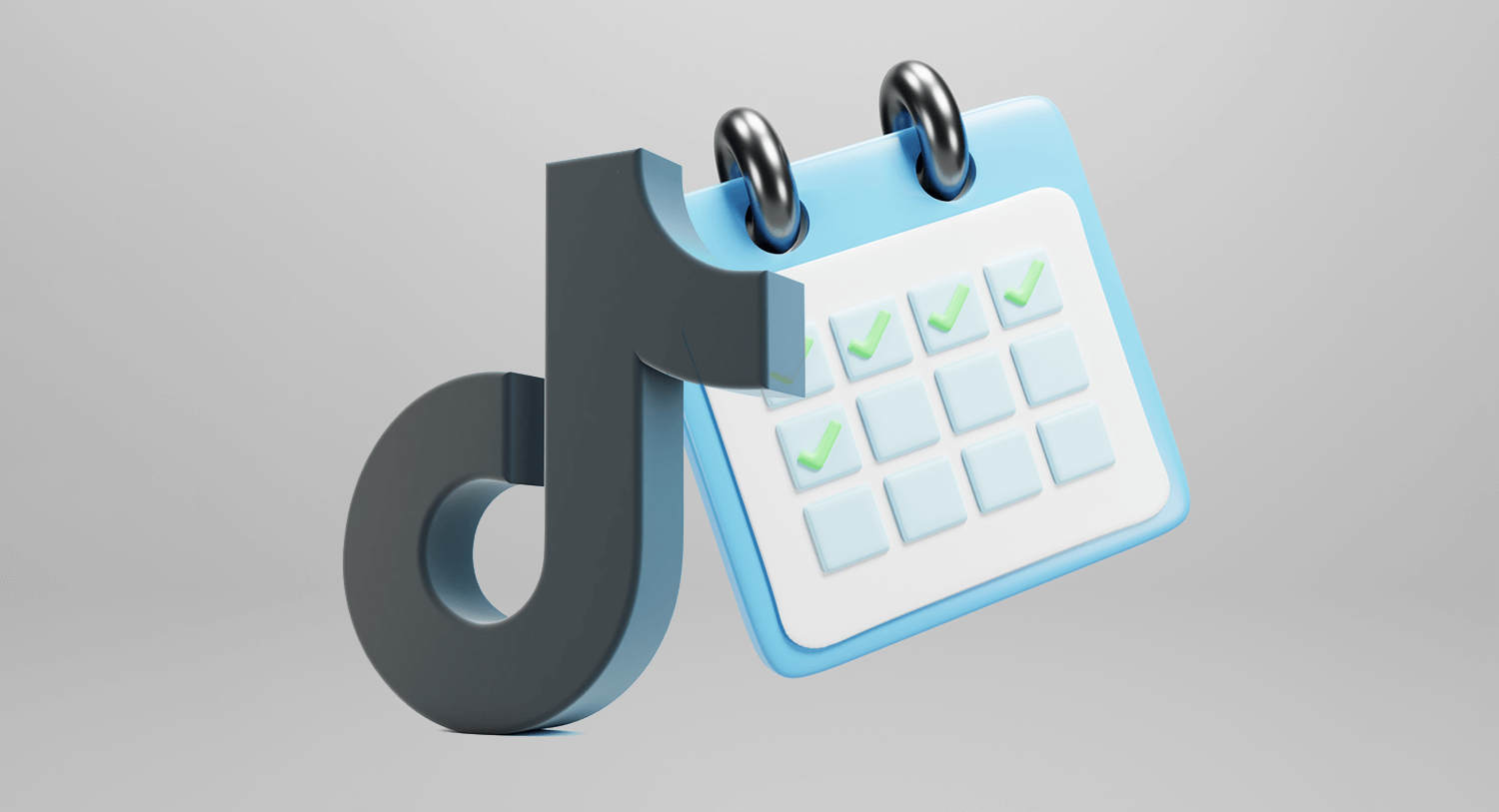 Illustration showing large TikTok logo and calendar page with green check marks. TikTok Scheduling tools blog post.