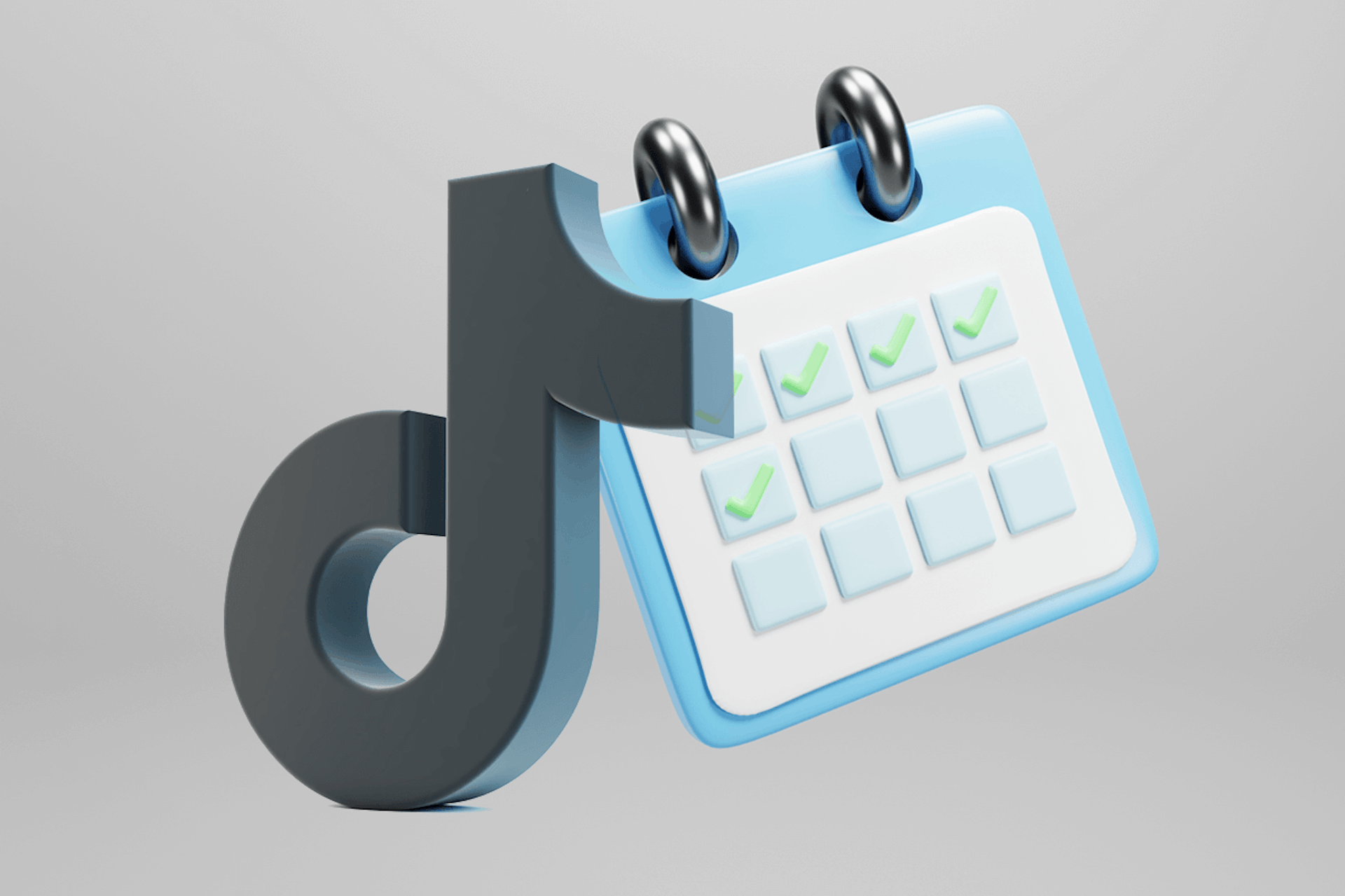 Illustration showing large TikTok logo and calendar page with green check marks. TikTok Scheduling tools blog post.