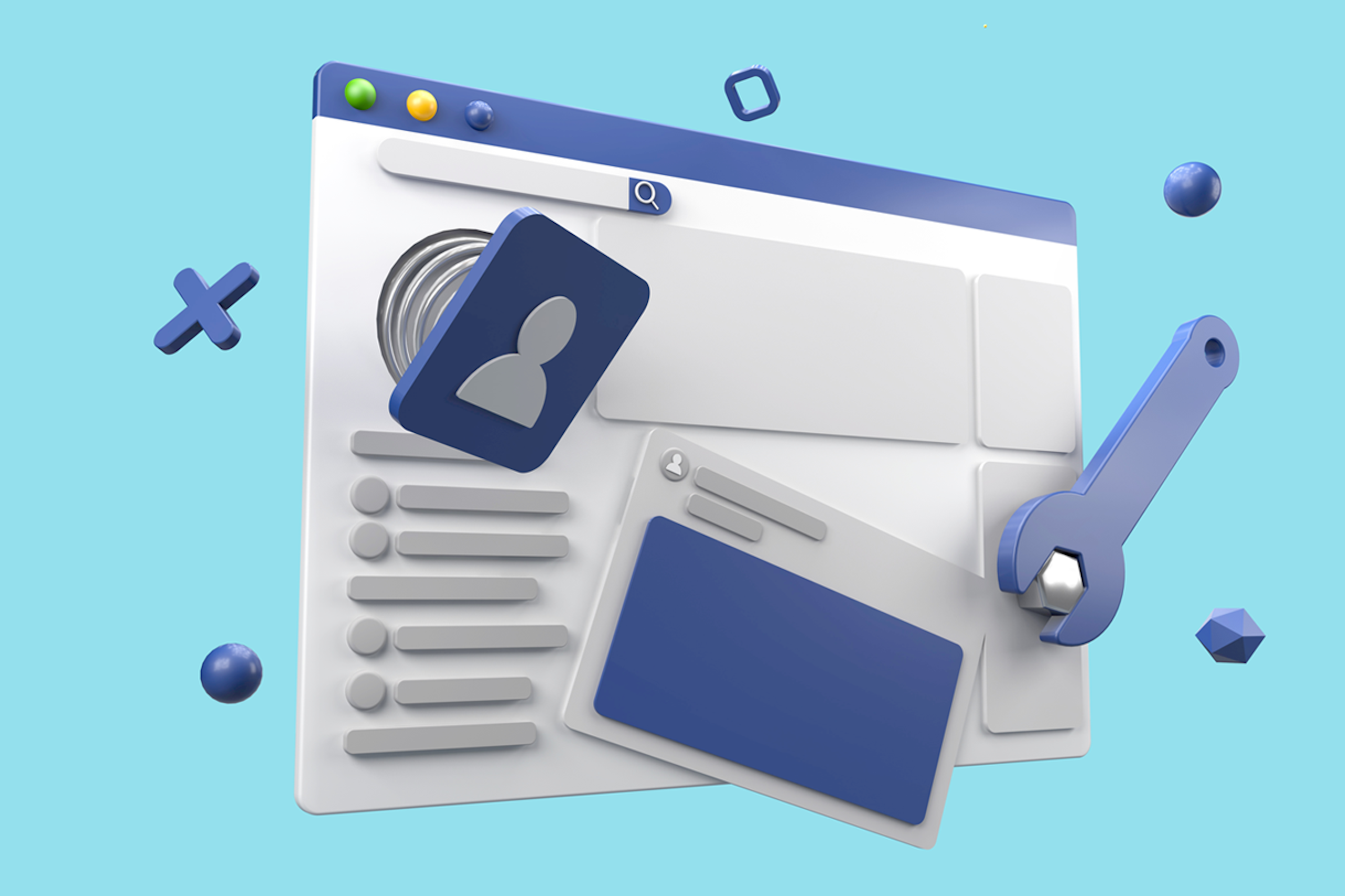 Illustration of a business Facebook page under the hood with tools. Facebook monitoring blog post.