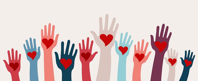 Hearts in raised hands