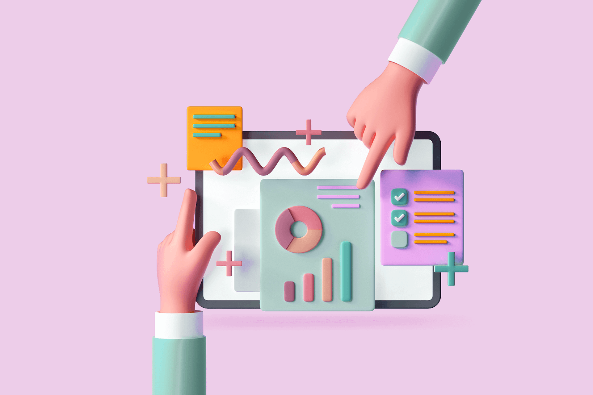 An illustration of hands touching a tablet with a variety of charts, representing complementary market research.