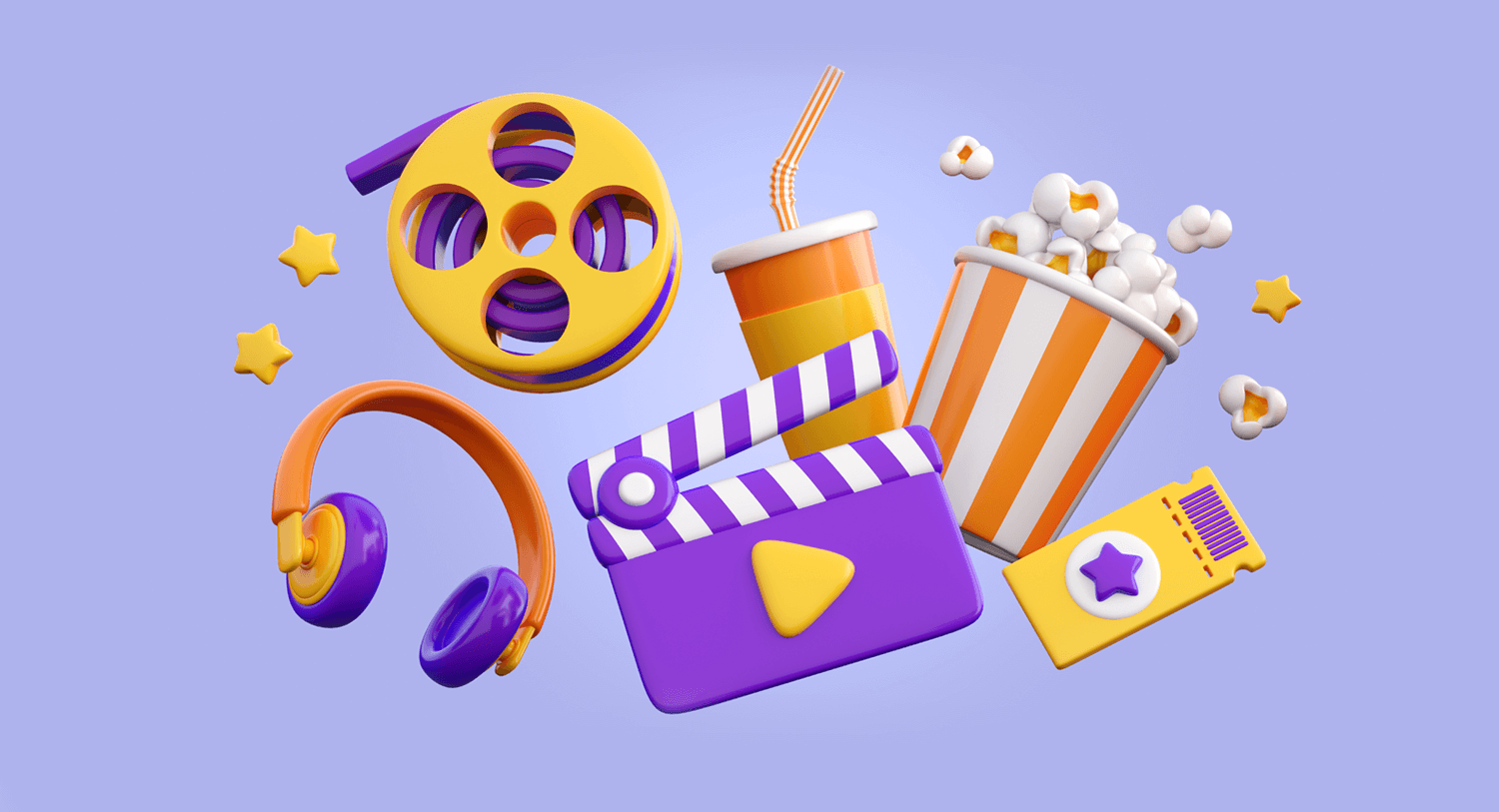 A film reel, popcorn, soda, headphones, and a movie ticket for a blog about the social media impact of the Barbie and Oppenheimer movies.