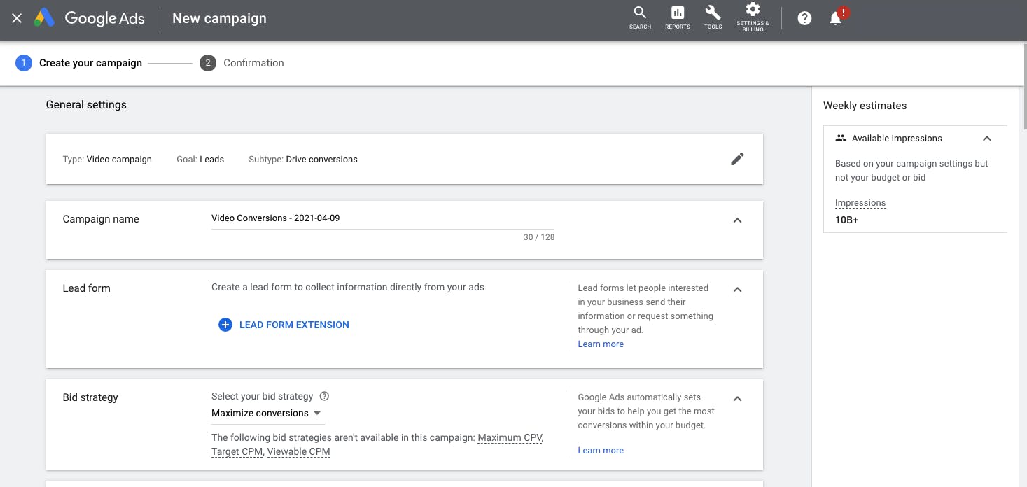 Screen in GoogleAds for deciding the budget and audience for your YouTube ad campaign