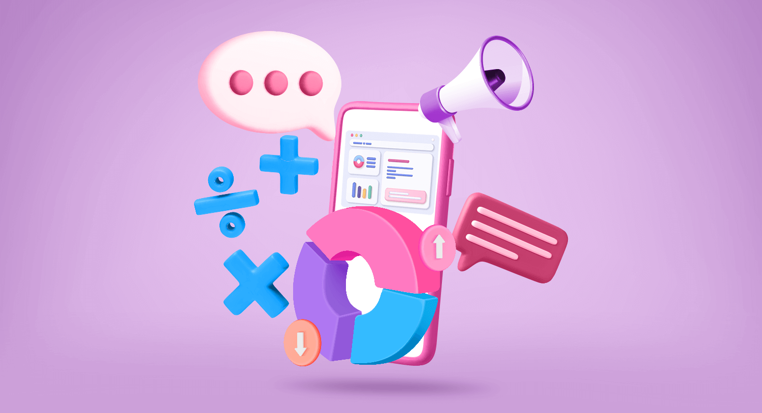 Math symbols, a ring chart, and a megaphone hover over a smartphone in this image for a Meltwater social listening blog about top viral phrases of 2023.