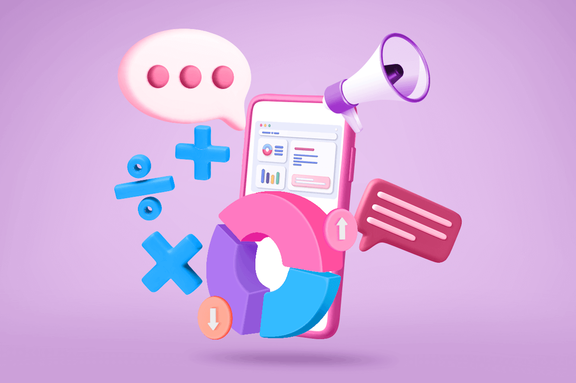 Math symbols, a ring chart, and a megaphone hover over a smartphone in this image for a Meltwater social listening blog about top viral phrases of 2023.