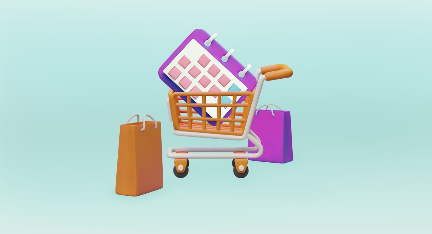3D Illustration of a shopping cart driving around a Holiday calendar