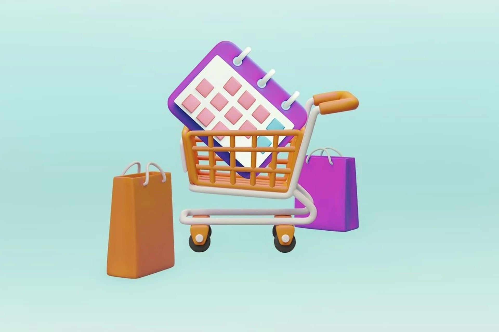 3D Illustration of a shopping cart driving around a Holiday calendar