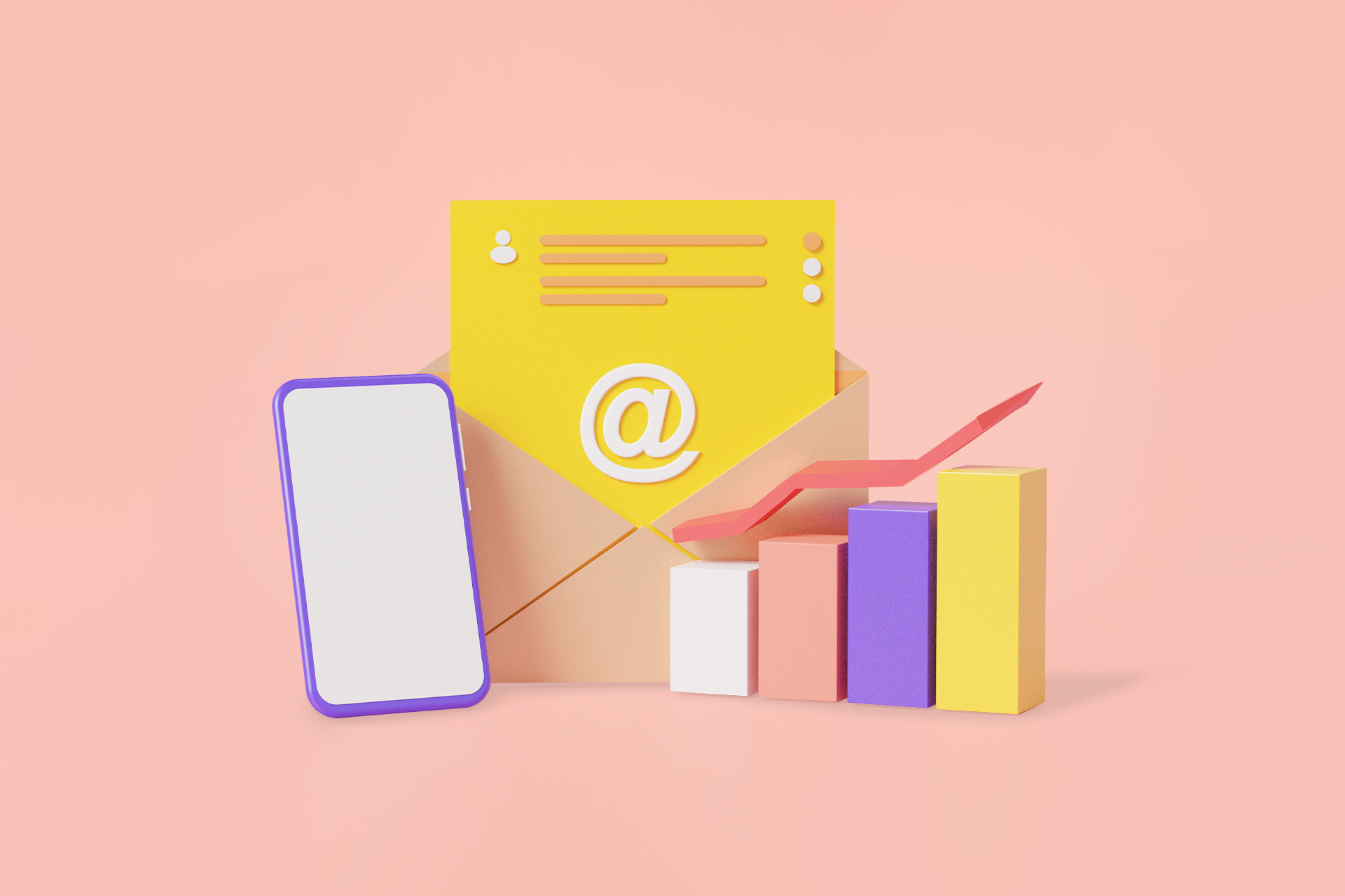 Fond rose pêche avec un smartphone, un enveloppe email et une graphique de croissance