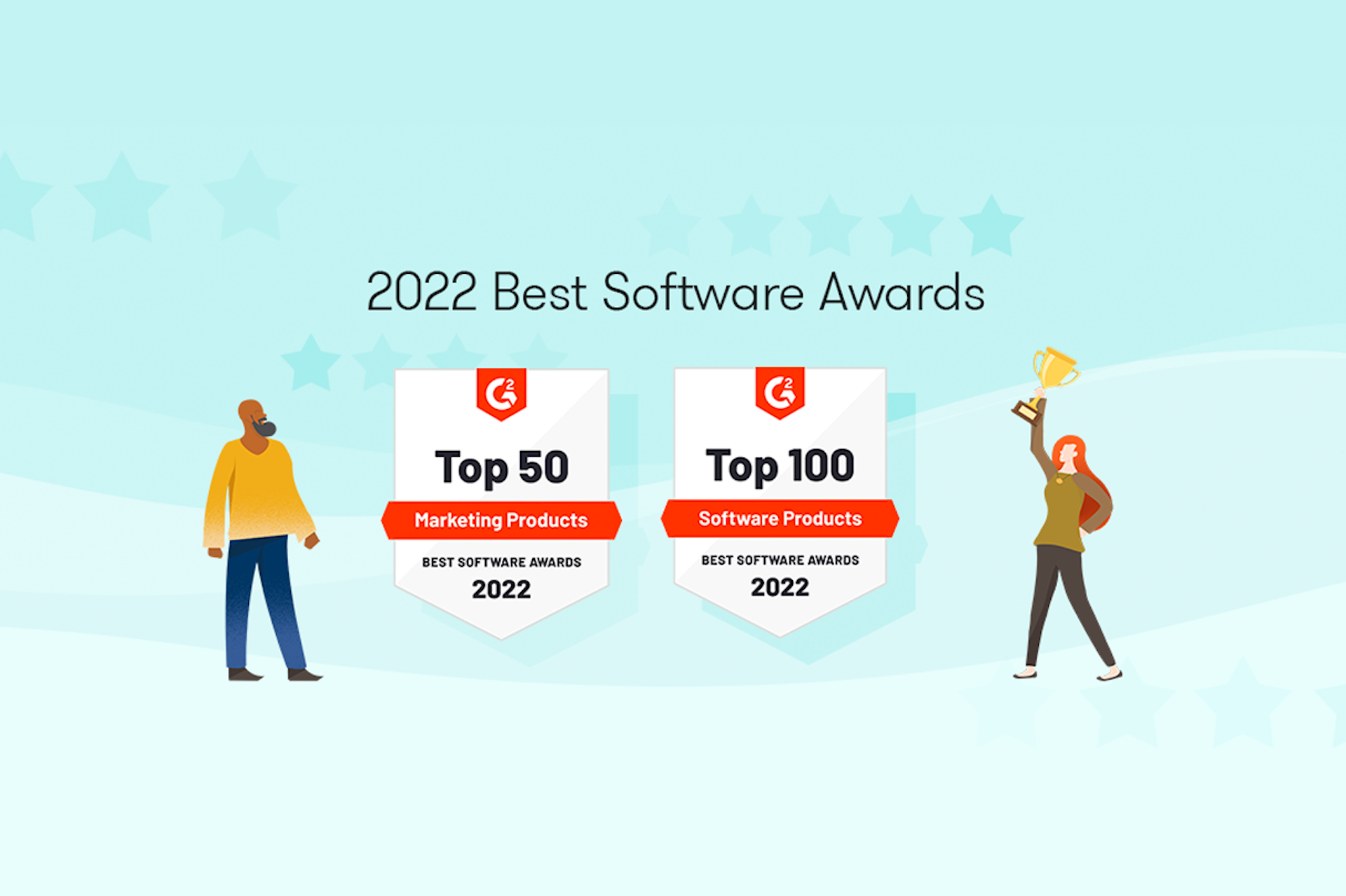 Meltwater won seven awards from G2. Here two badges displaying the awards for Best Marketing Products and Best Software are featured in the center of the image with text above that reads, "2022 Best Software Awards". 

