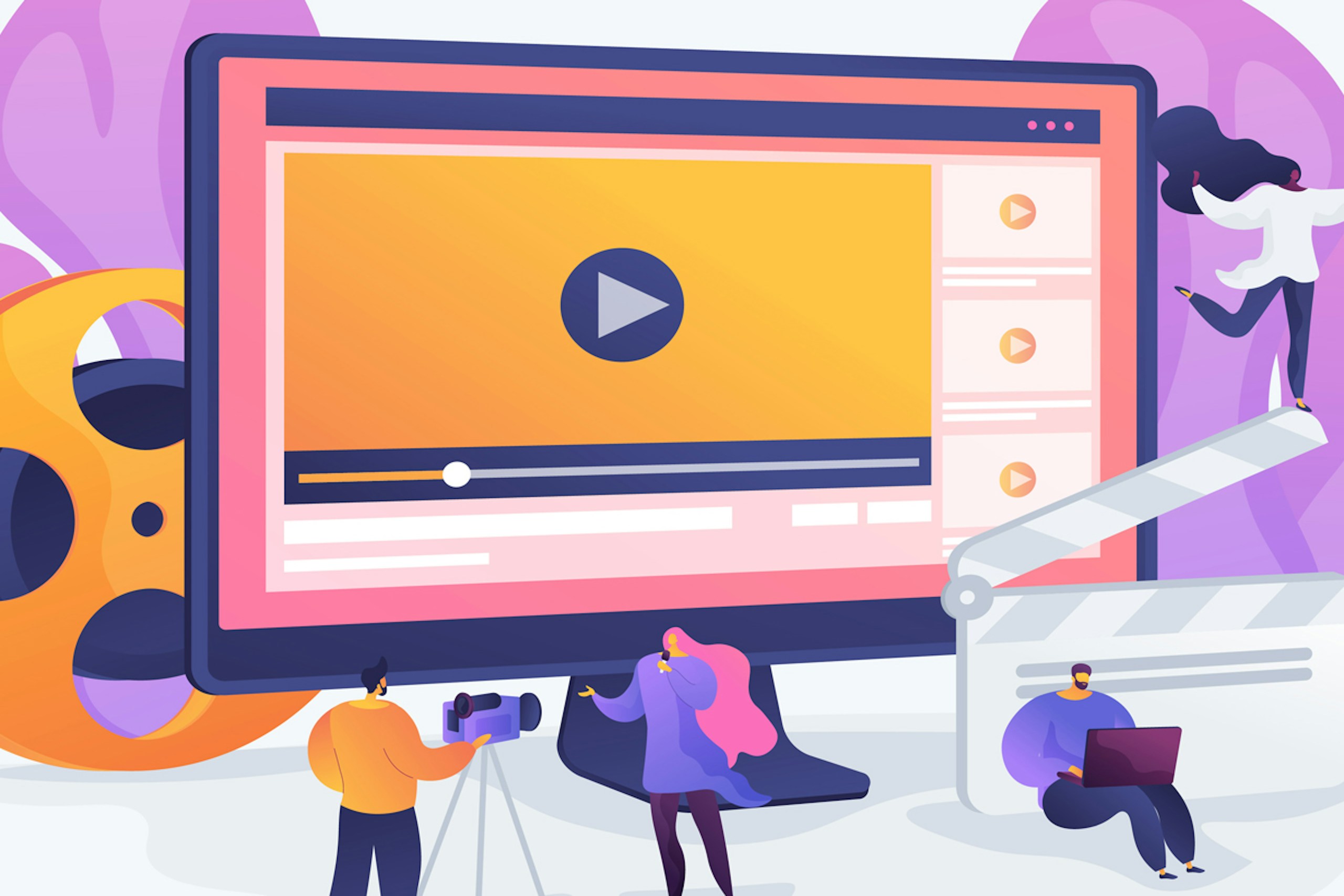 Illustration showing a large desktop computer screen with a video loaded and a play button. Surrounding the screen are various people.