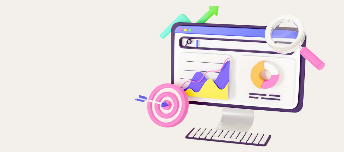 Image of a laptop and analytical icons around it in 3D