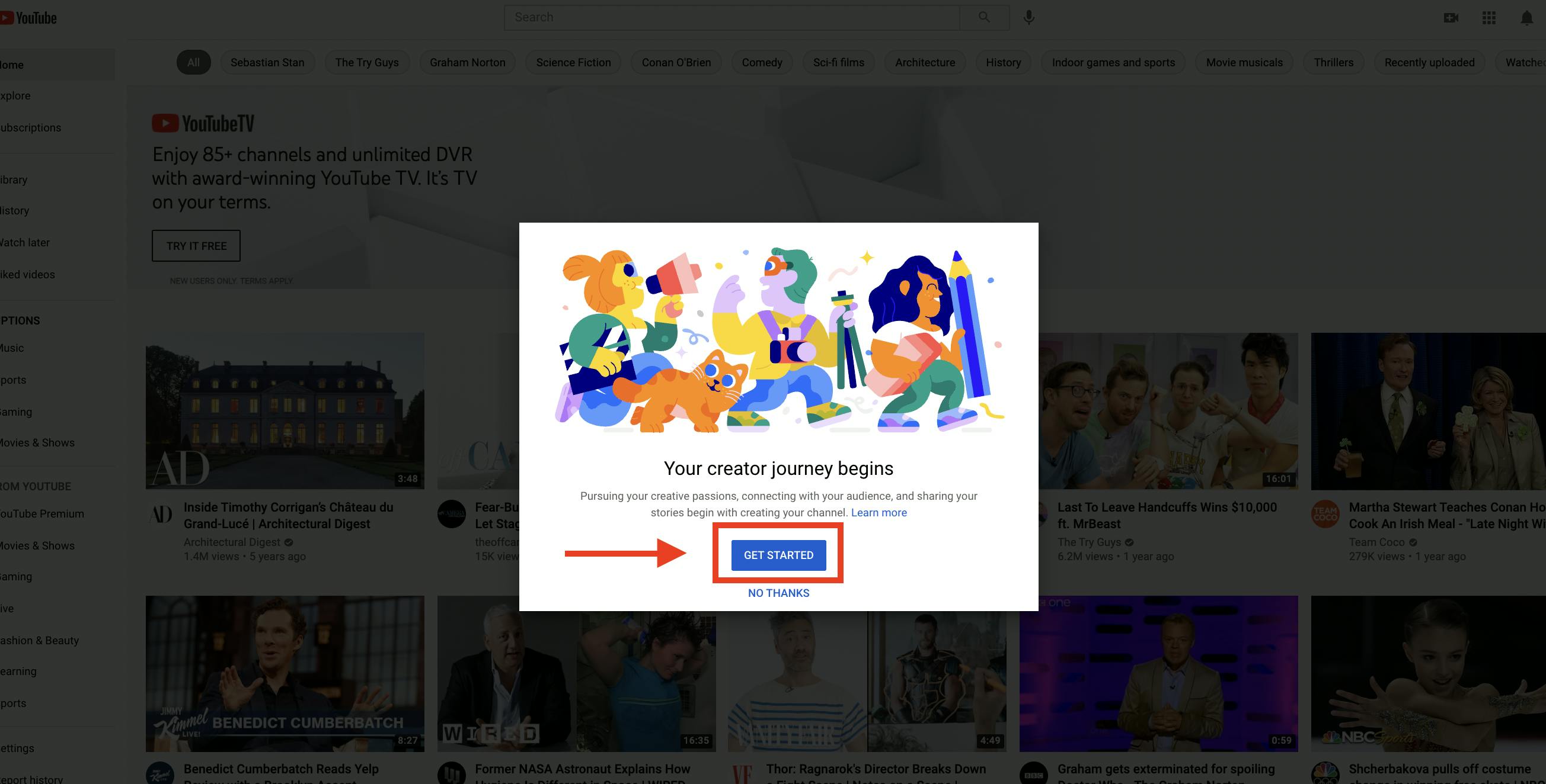 Create channel pop-up on YouTube