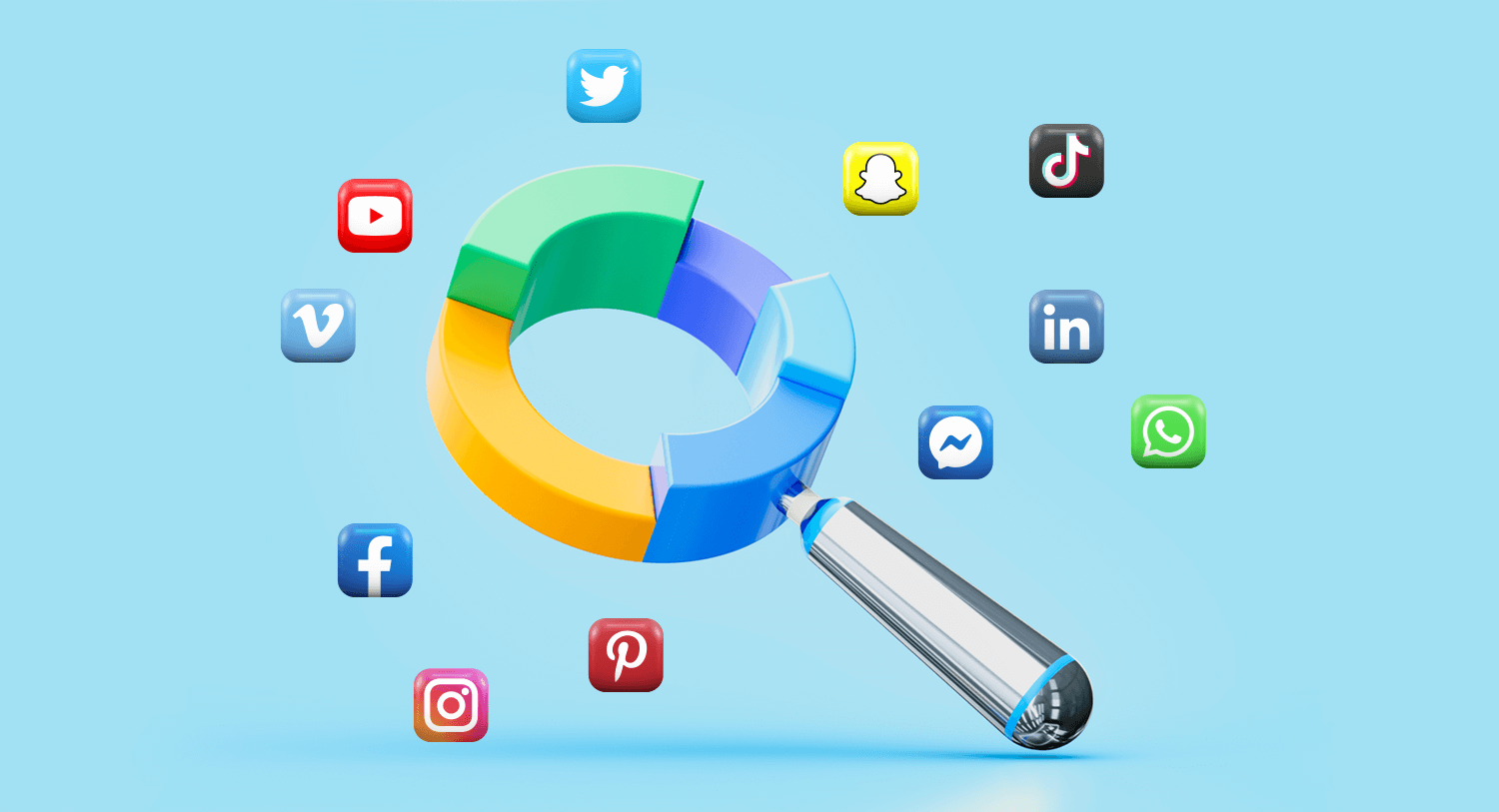 Illustration showing a large magnifying glass surrounded by social media icons. Best social media analytics tools blog post