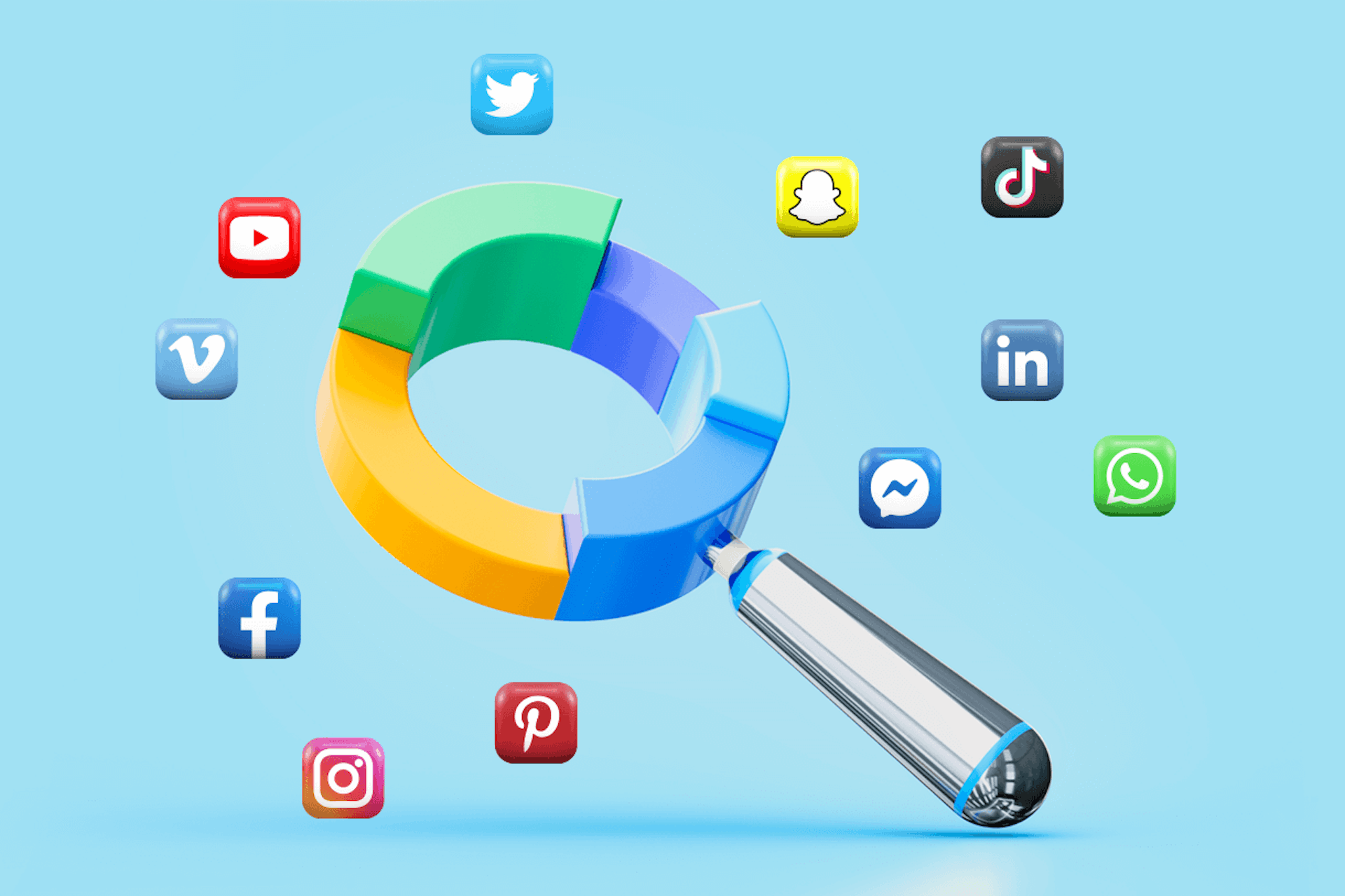 Illustration showing a large magnifying glass surrounded by social media icons. Best social media analytics tools blog post
