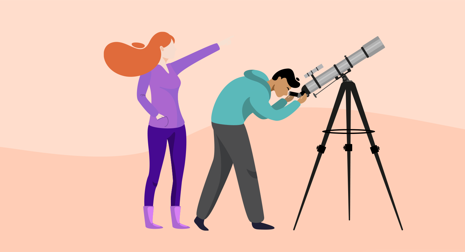 Illustration showing two people behind a telescope. Oktopost alternatives blog post.