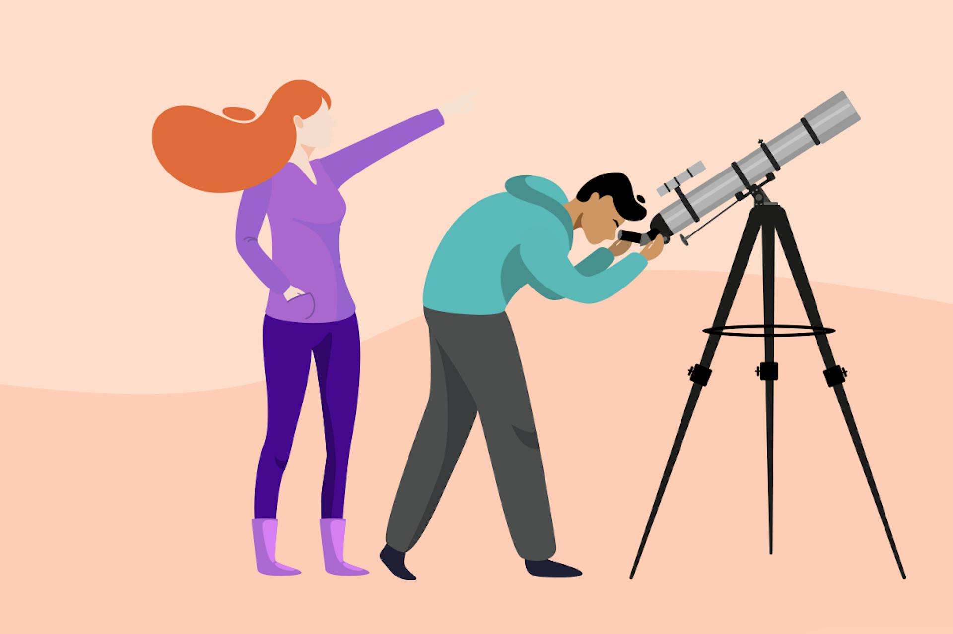 Illustration showing two people behind a telescope. Oktopost alternatives blog post.