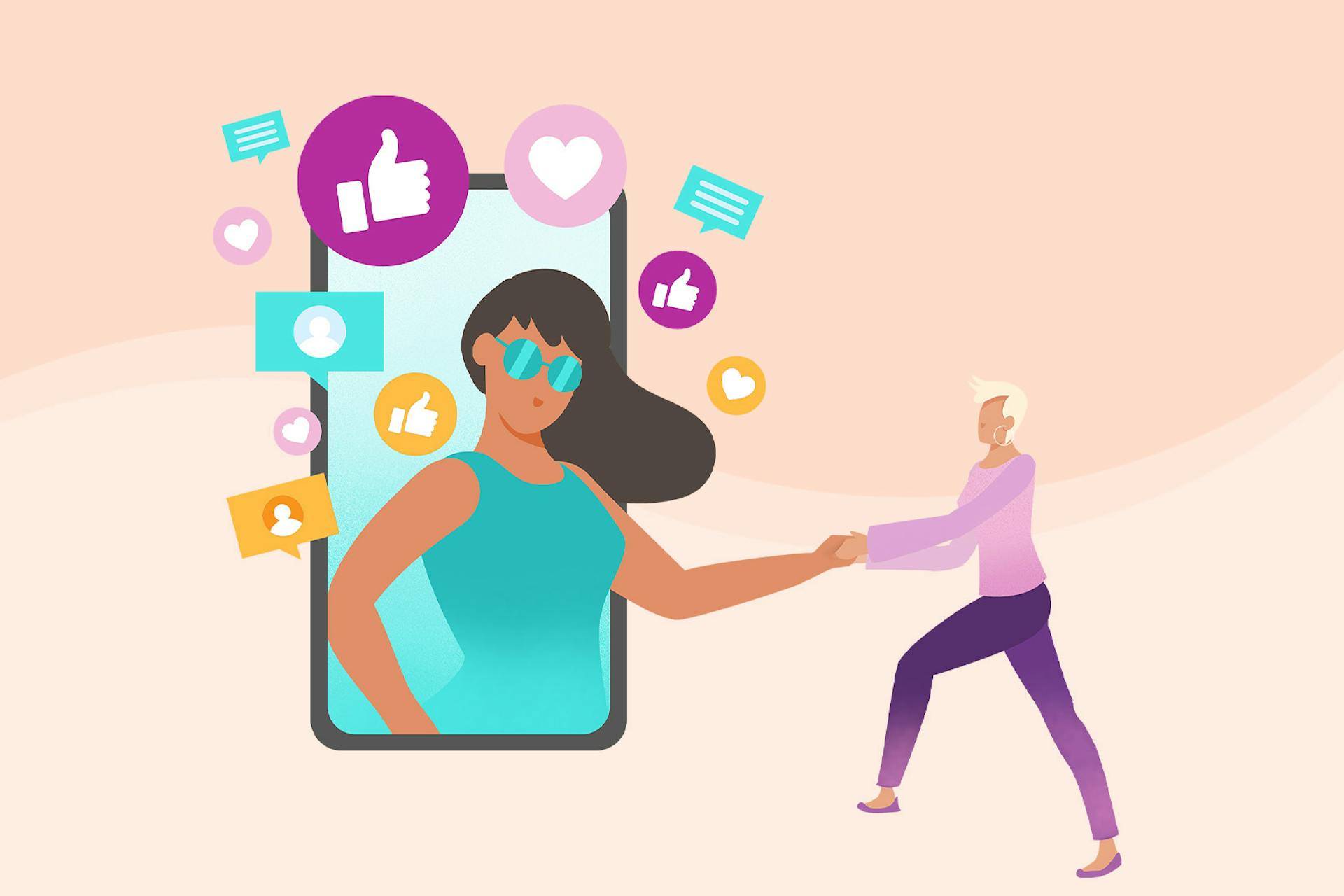 Social media icons with woman emerging from phone to shake hands with customer