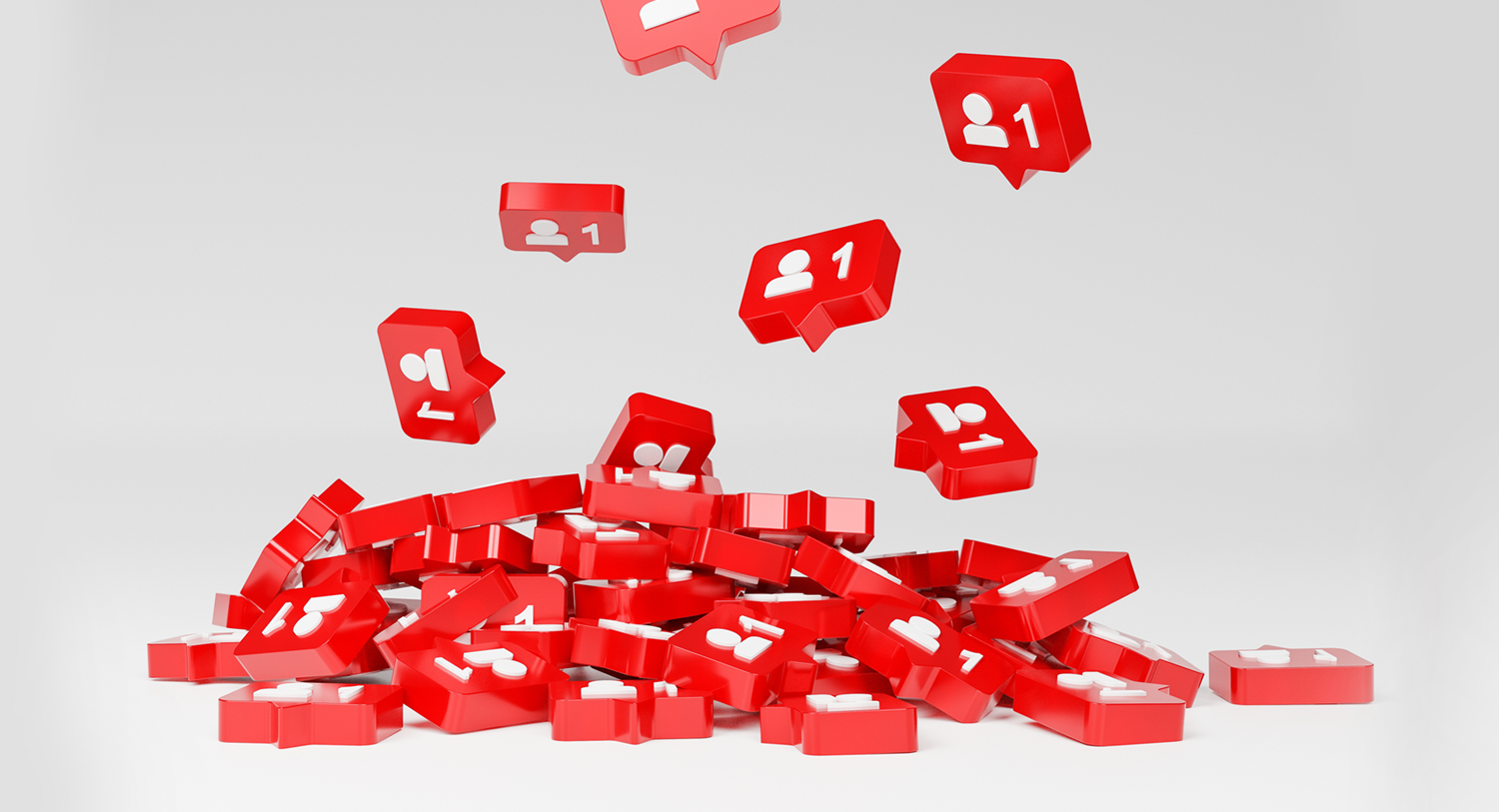 Image showing 3D illustrated red Instagram like notification falling from the sky into a pile. How to get more Instagram followers blog post.