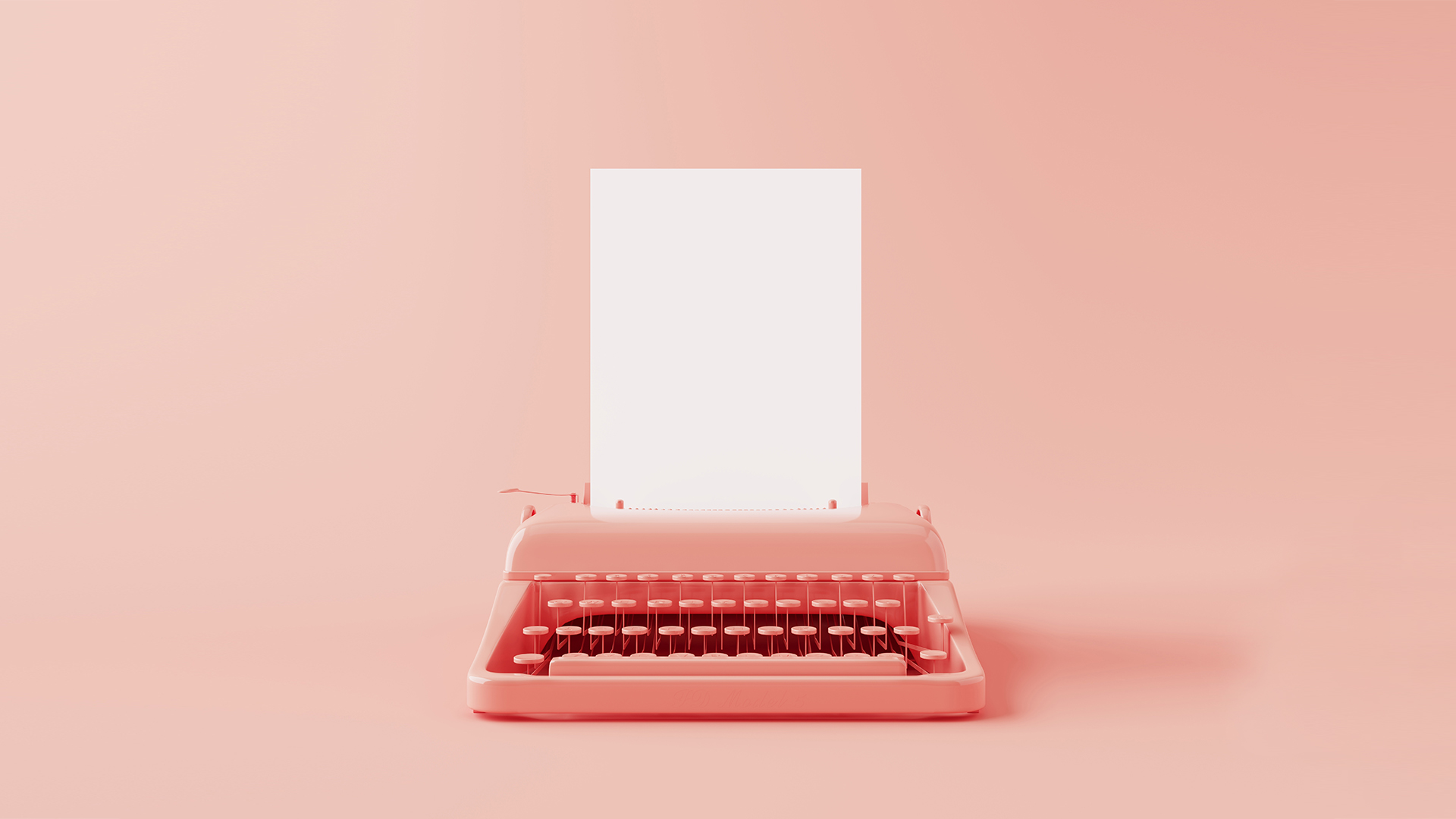 A pink typewriter in the center of the image with a blank white piece of paper sticking out of the top. When writing a story, every storyteller begins with an empty blank piece of paper, and this blog post describes the process of the art of storytelling.