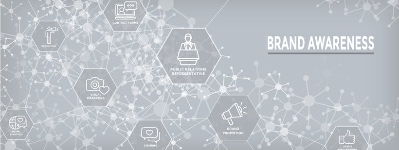 Netzwerk Icons grau Aufschrift Brand Awareness